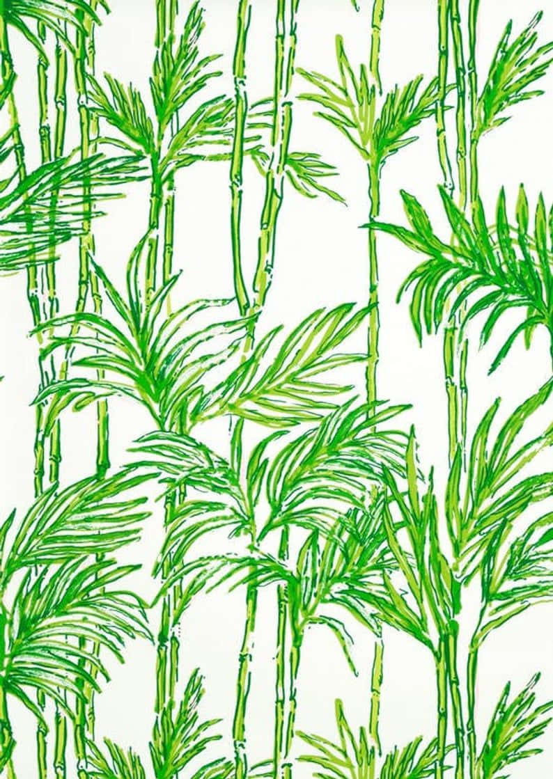 Lilly Pulitzer iPhone 桌布 壁紙 — 充滿活力的綠色竹莖和葉子以重複圖案繪製在潔淨的白色背景上。