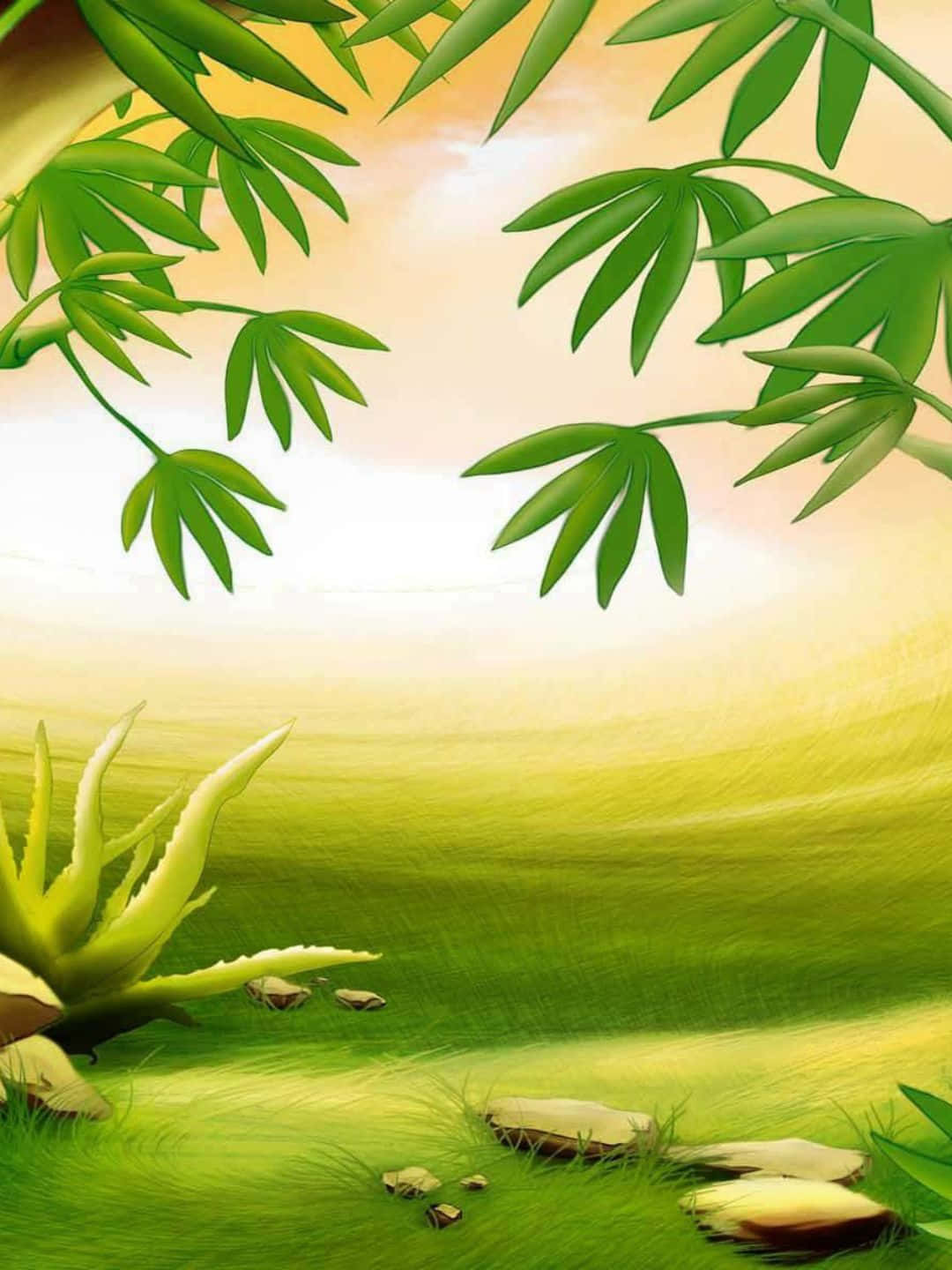 Bamboo Tree 桌布 壁紙 — 充滿活力的綠色竹葉框住了一片陽光明媚的草地，草地上有蘆薈植物和散落的石頭，天空溫暖。