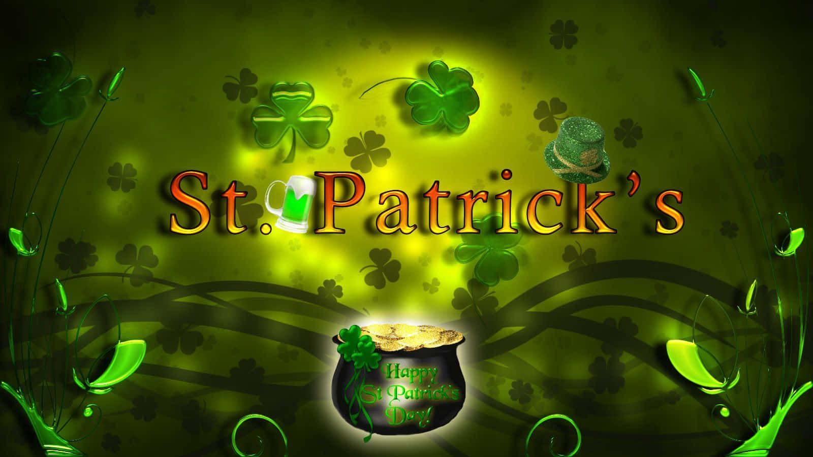 Saint Patricks Day 桌布 壁紙 — 充滿活力的綠色聖派翠克節壁紙，帶有發光的三葉草、小妖精帽子和一罐黃金，背景是燦爛的漸變色。