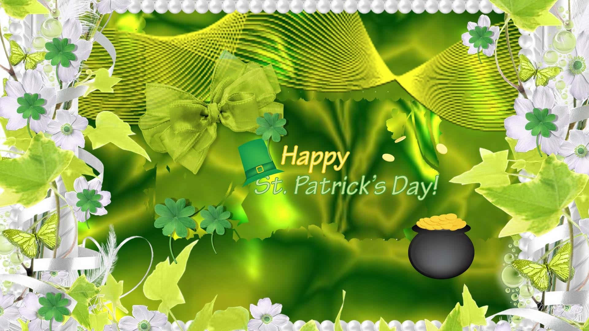 Shamrock 桌布 壁紙 — 充滿活力的綠色聖派翠克節桌布，帶有三葉草、蝴蝶和一罐黃金，背景發光且有紋理。