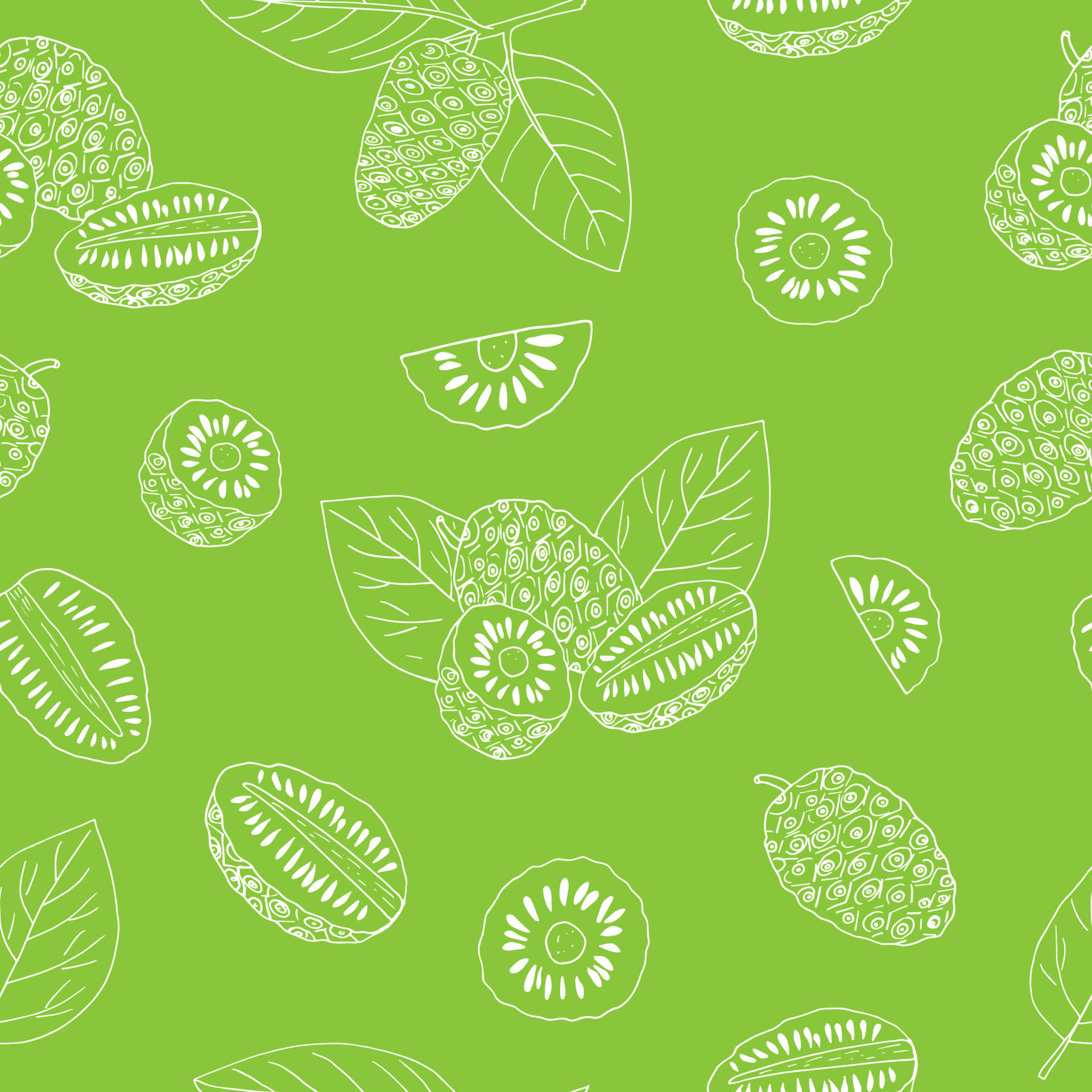 Fruits 桌布 壁紙 — 充滿活力的綠色背景，帶有切片和完整奇異果及葉子的白色線條藝術重複圖案。
