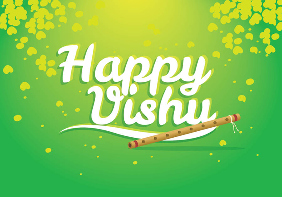 Vishu 桌布 壁紙 — 充滿活力的綠色背景，帶有白色「Happy Vishu」文字和一支被黃色葉子裝飾包圍的木笛。