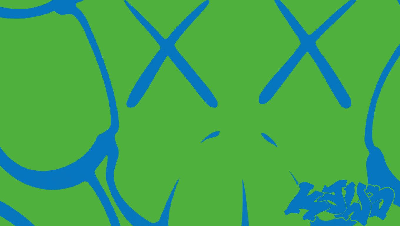 KAWS 桌布 壁紙 — 充滿活力的綠色背景，帶有醒目的藍色塗鴉風格X標記和抽象漩渦。