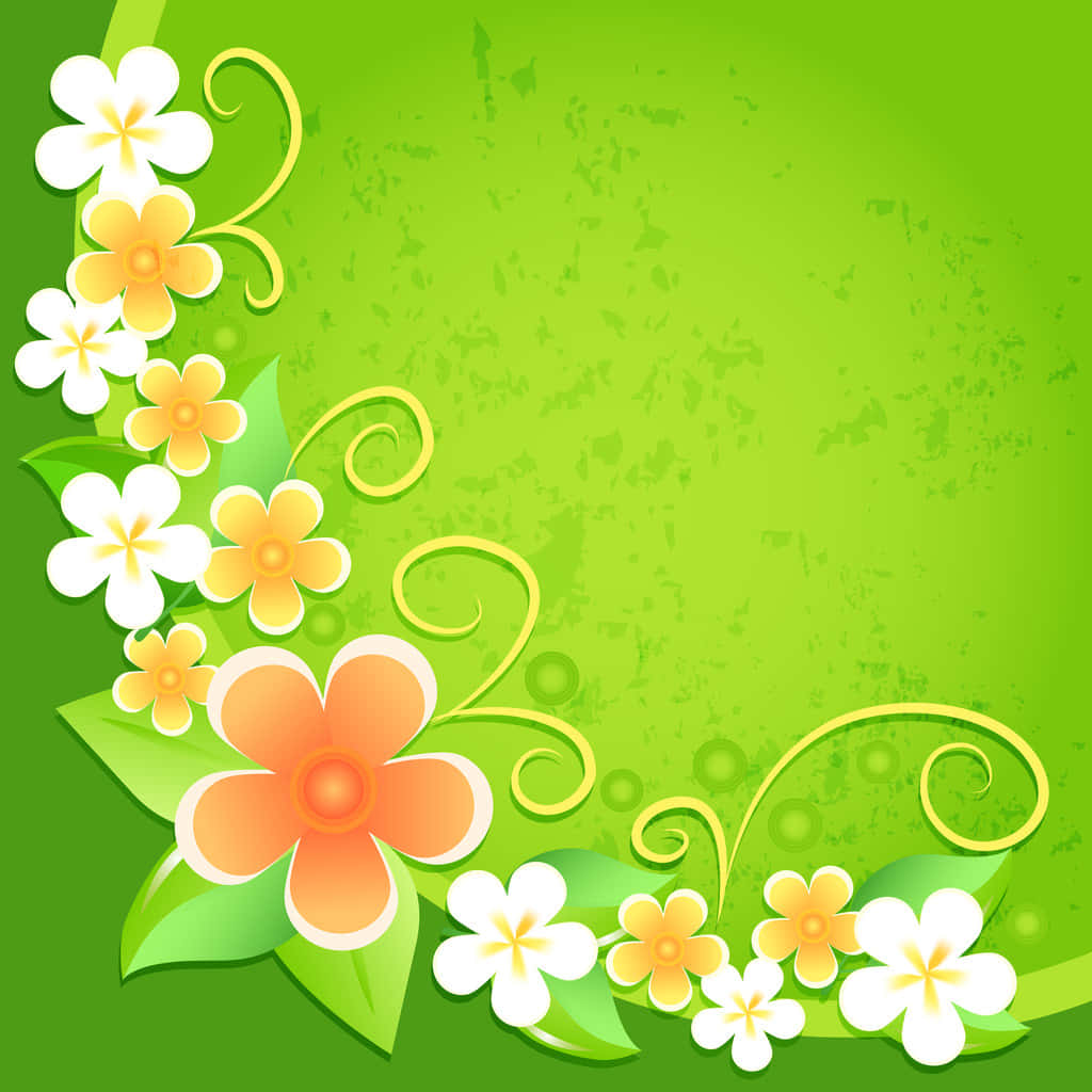 Flower Design 桌布 壁紙 — 充滿活力的綠色背景，飾有白色和橙色花朵以及蜿蜒金色藤蔓的裝飾性花卉邊框。