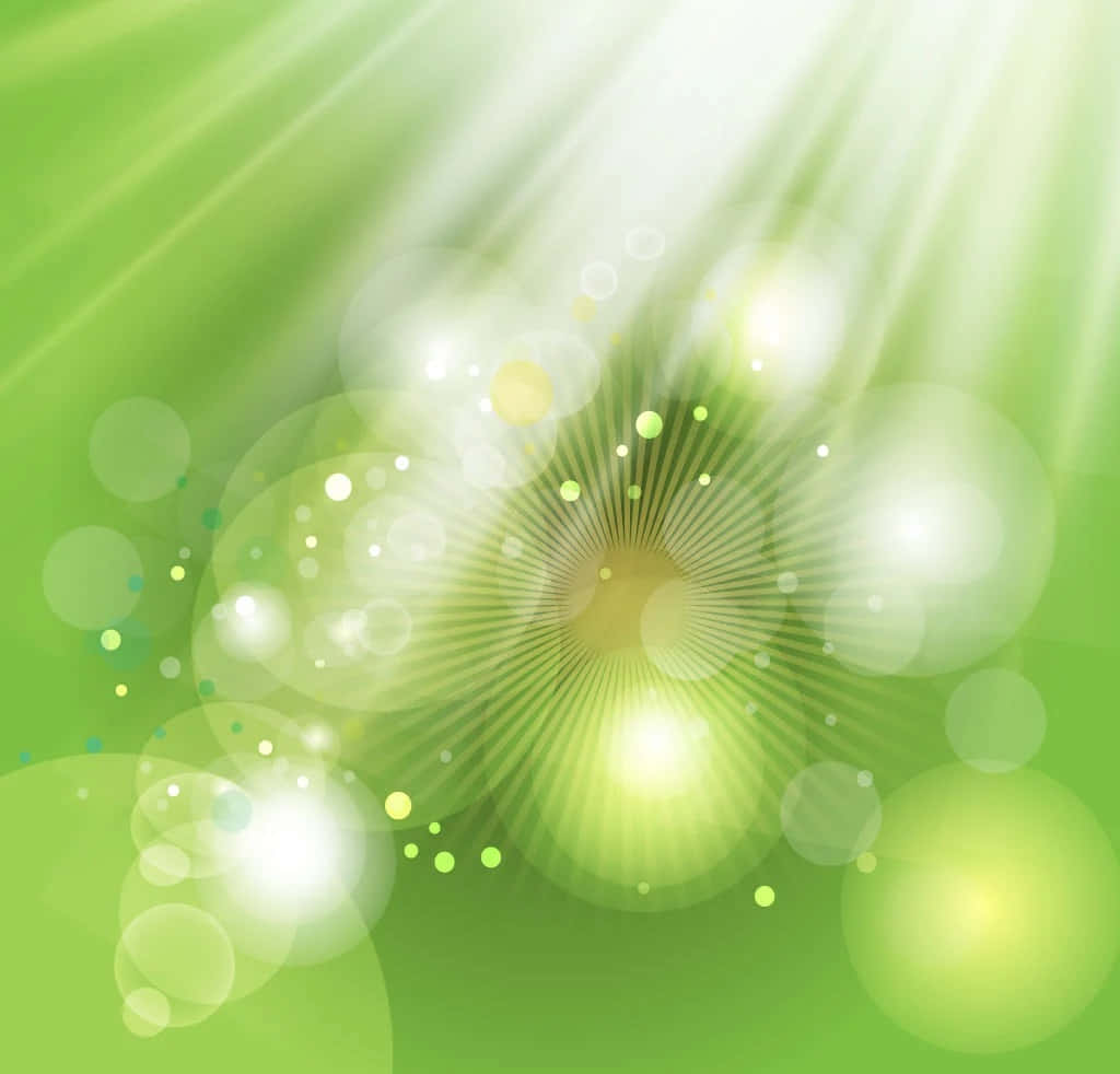 Bokeh 桌布 壁紙 — 充滿活力的綠色背景散發著發光的光束和柔和的散景圓圈，營造出夢幻般的發光效果。