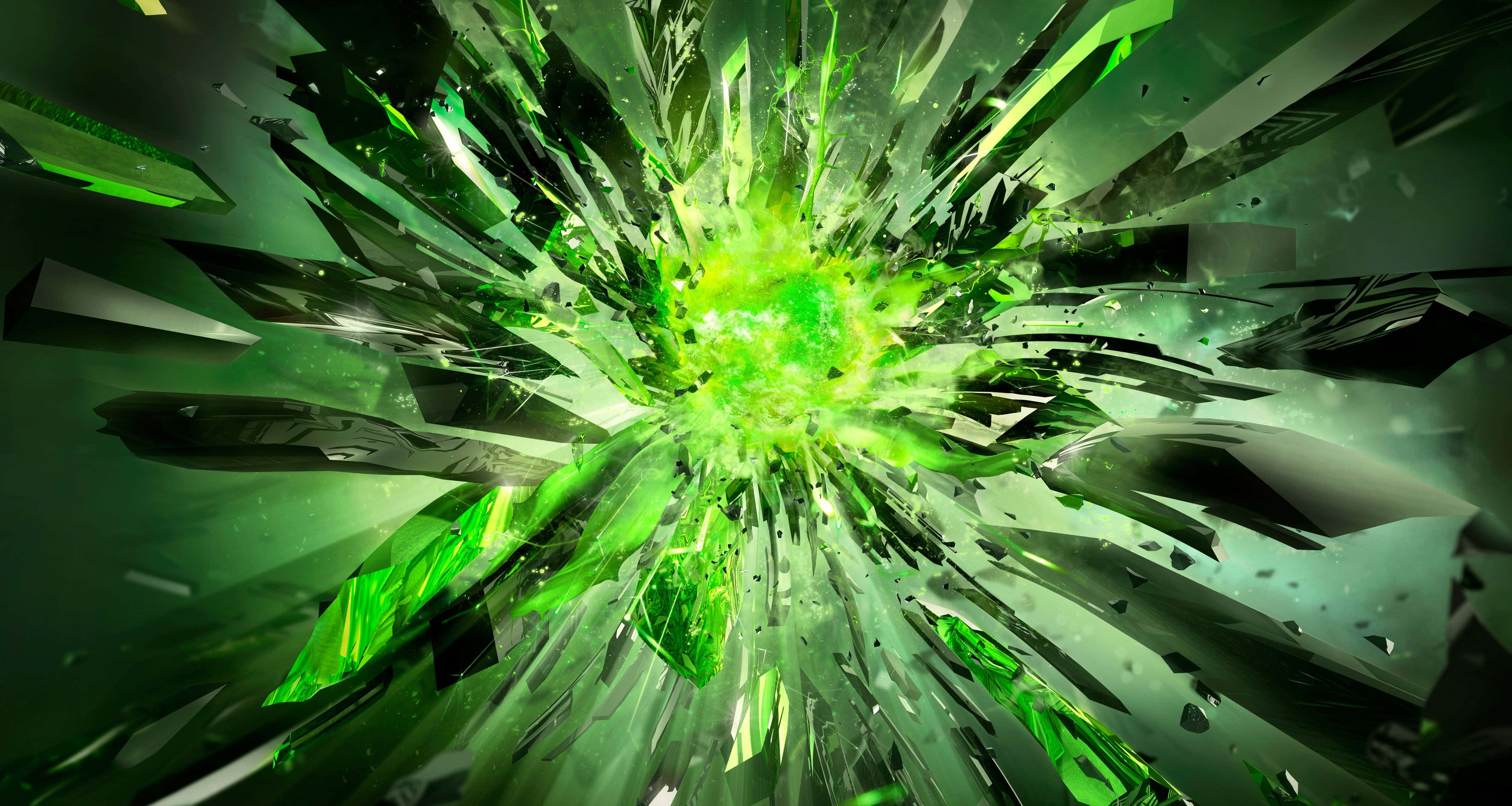 Nvidia 4K UHD 桌布 壁紙 — 充滿活力的綠色能量爆炸將水晶碎片向外粉碎，形成動態的數位爆發。