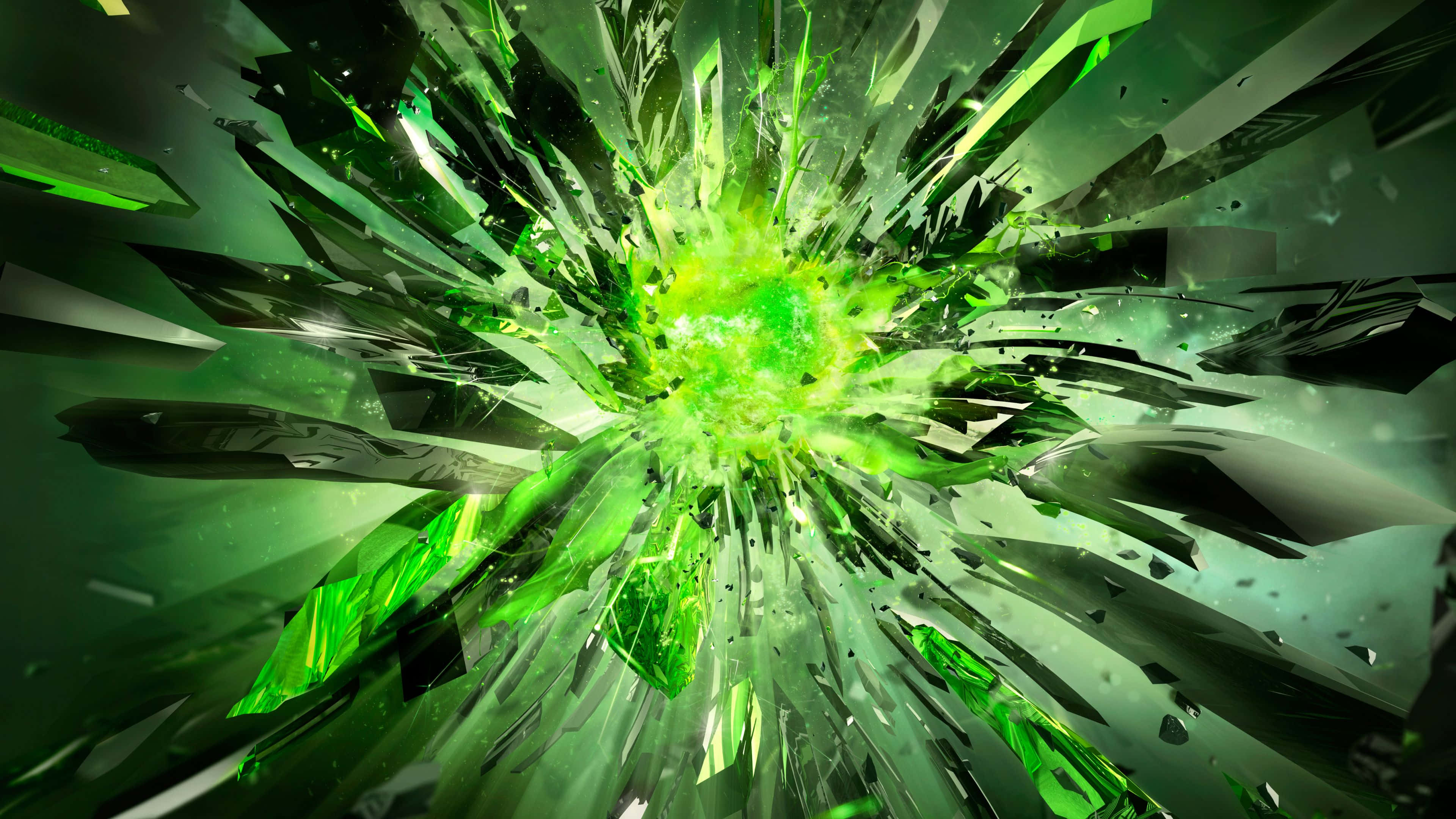 Crystal 桌布 壁紙 — 充滿活力的綠色能量爆炸將玻璃碎片向外粉碎，形成動態的數位爆發。