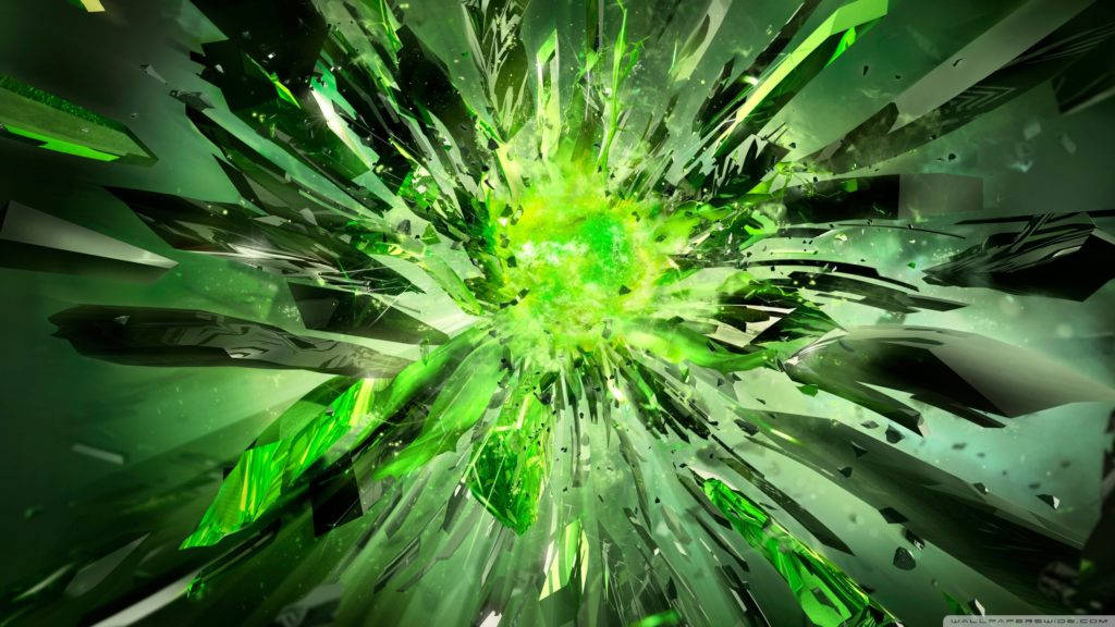 1024x576 桌布 壁紙 — 充滿活力的綠色能量爆炸粉碎了玻璃碎片，在動態的數位爆發中向外輻射。