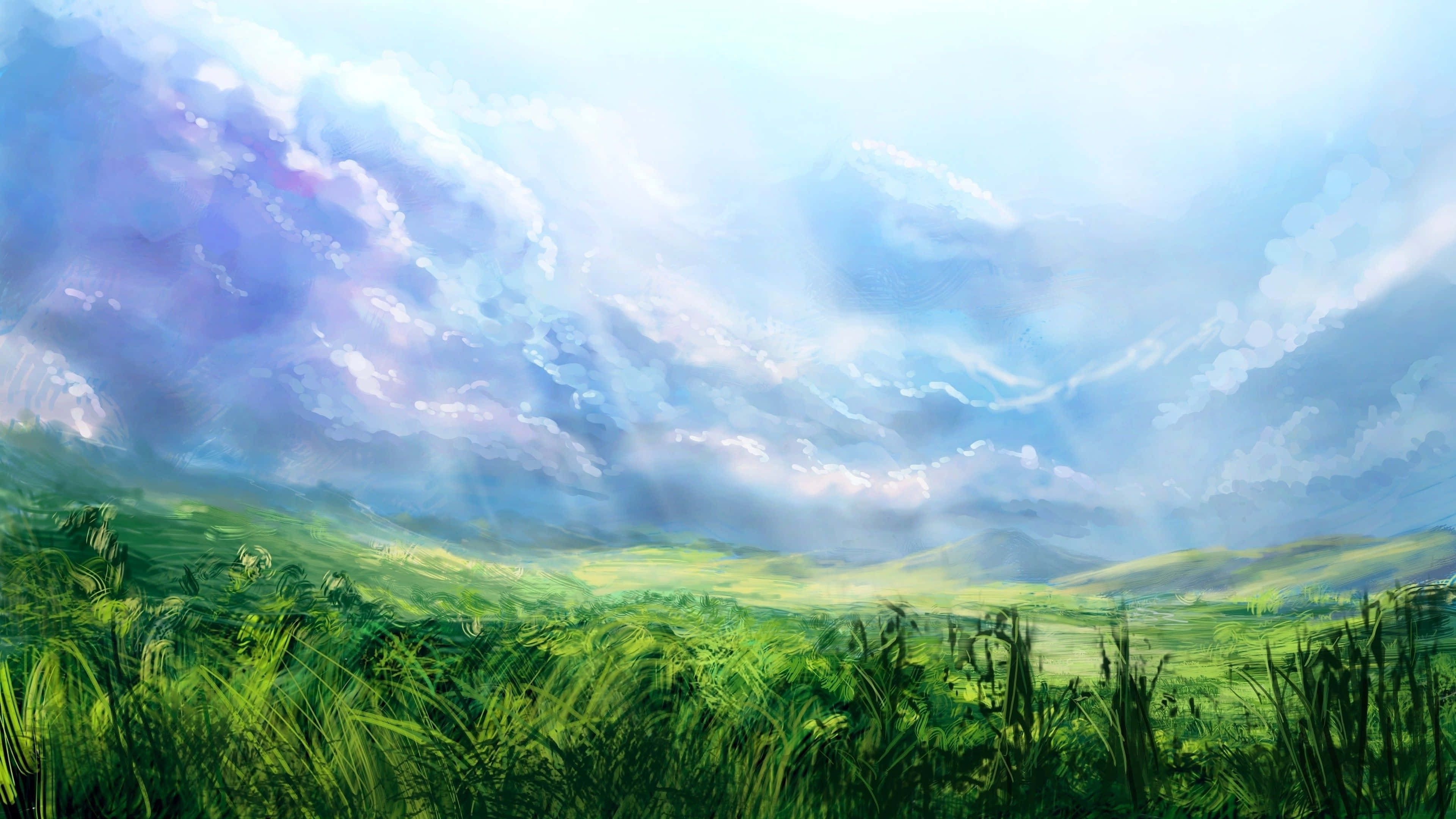 Painting 桌布 壁紙 — 充滿活力的綠色草丘在帶有柔和紫色和藍色雲彩的戲劇性天空下延伸。