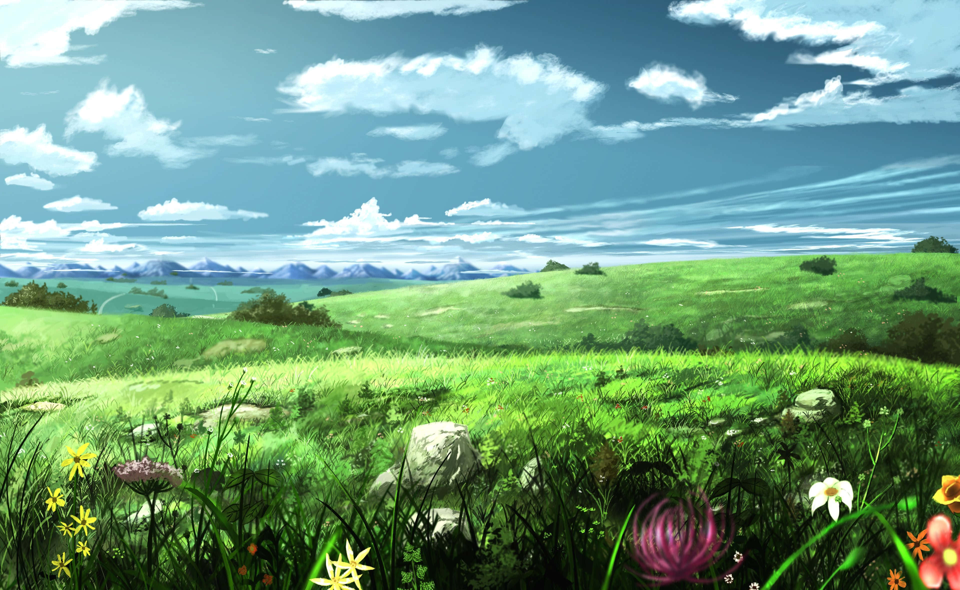 Green Landscape 桌布 壁紙 — 充滿活力的綠色草地，野花盛開，遠處山巒，藍天白雲。