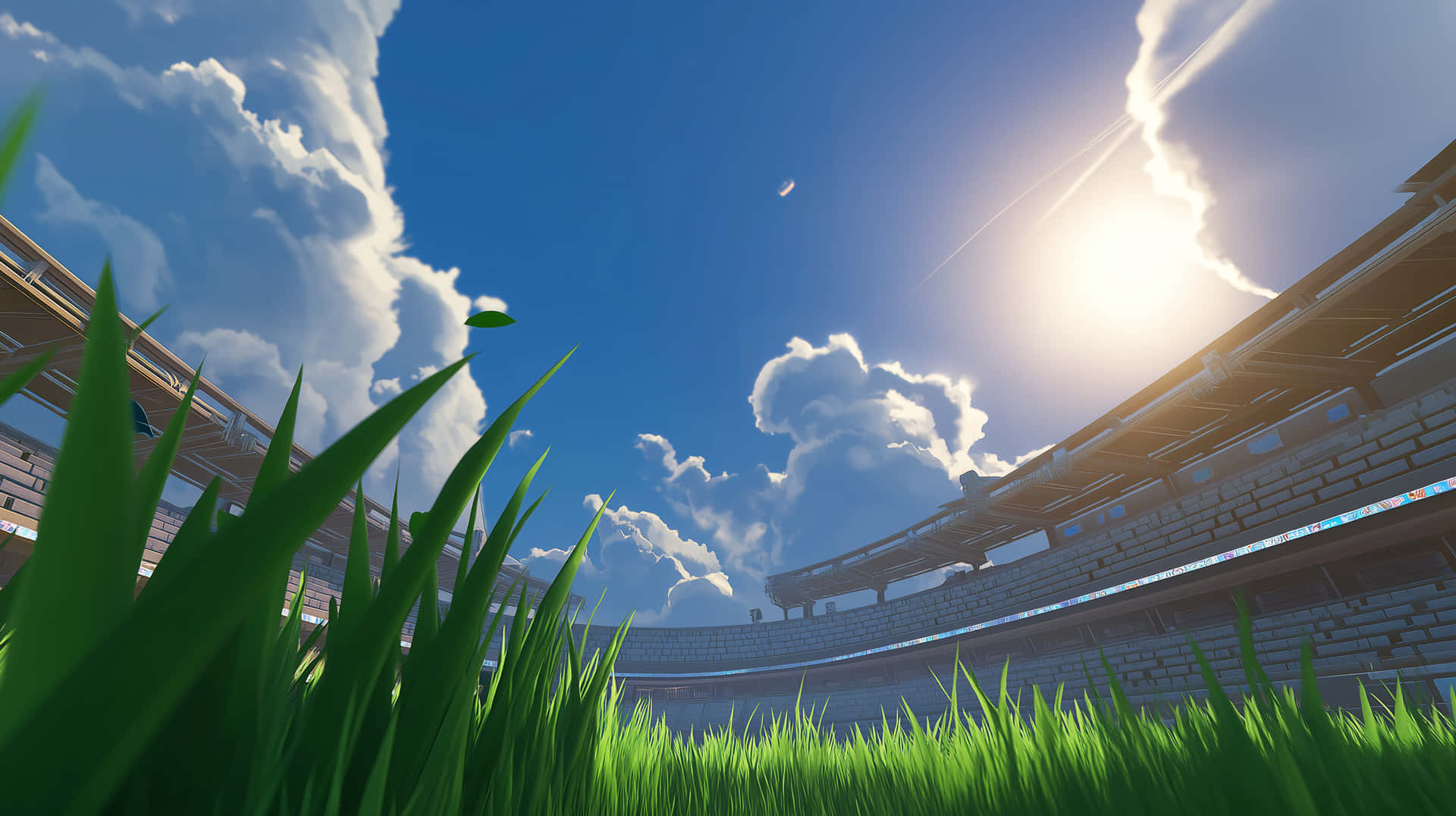 Immersive Field Level View of Stadium Under Expansive Sky 壁紙 — 充滿活力的綠色草葉框住了空蕩蕩的體育館的低角度視圖，背景是明亮的藍天、蓬鬆的白雲和燦爛的太陽。