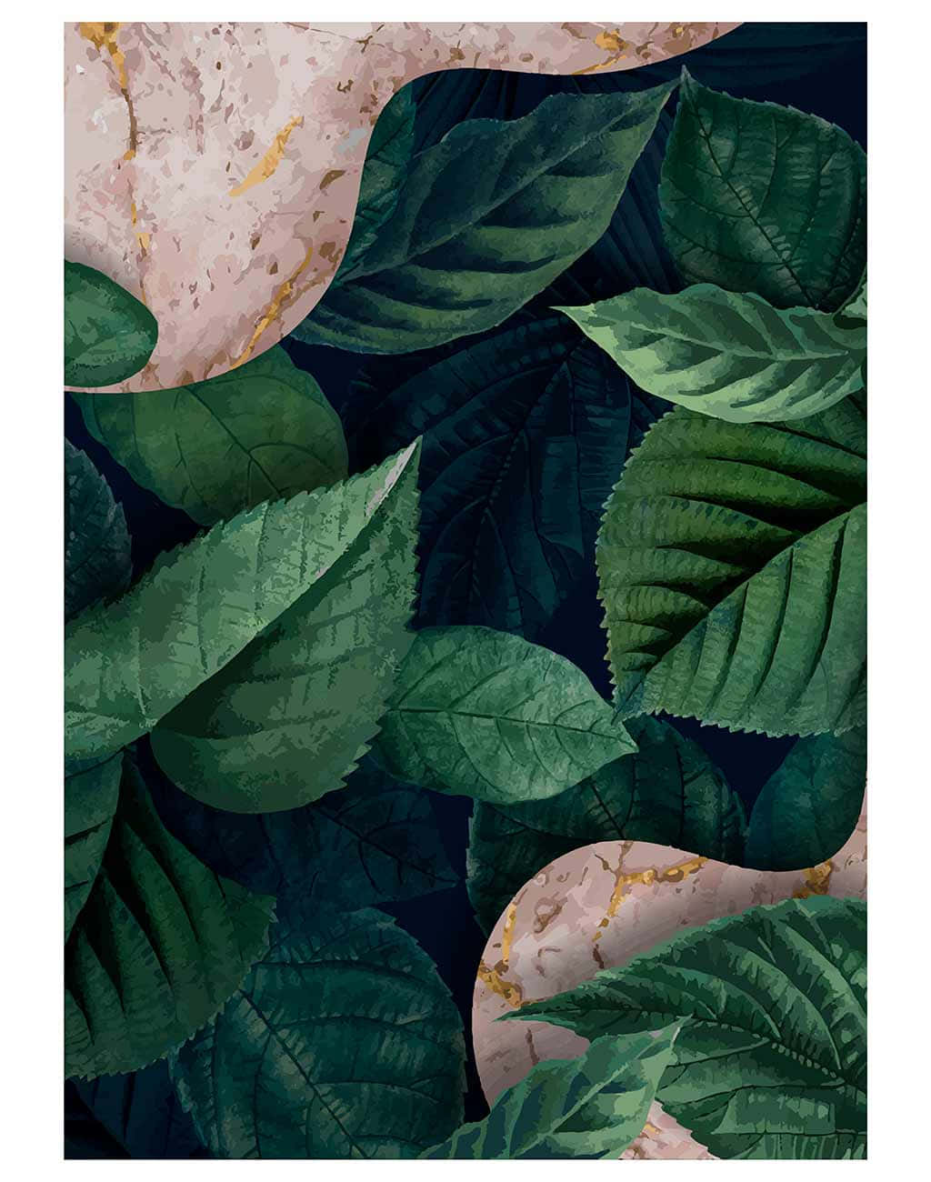 leafy 桌布 壁紙 — 充滿活力的綠色葉子在深色背景上重疊，帶有粉紅色大理石和金色紋理點綴。