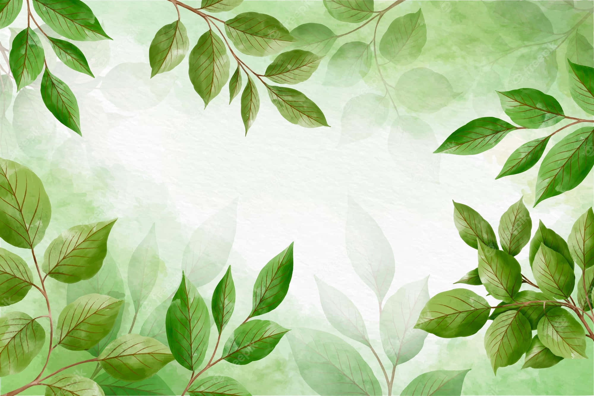 Green Leaves 桌布 壁紙 — 充滿活力的綠色葉子框住柔和的水彩背景，帶有柔和的漸變和細膩的葉子剪影。