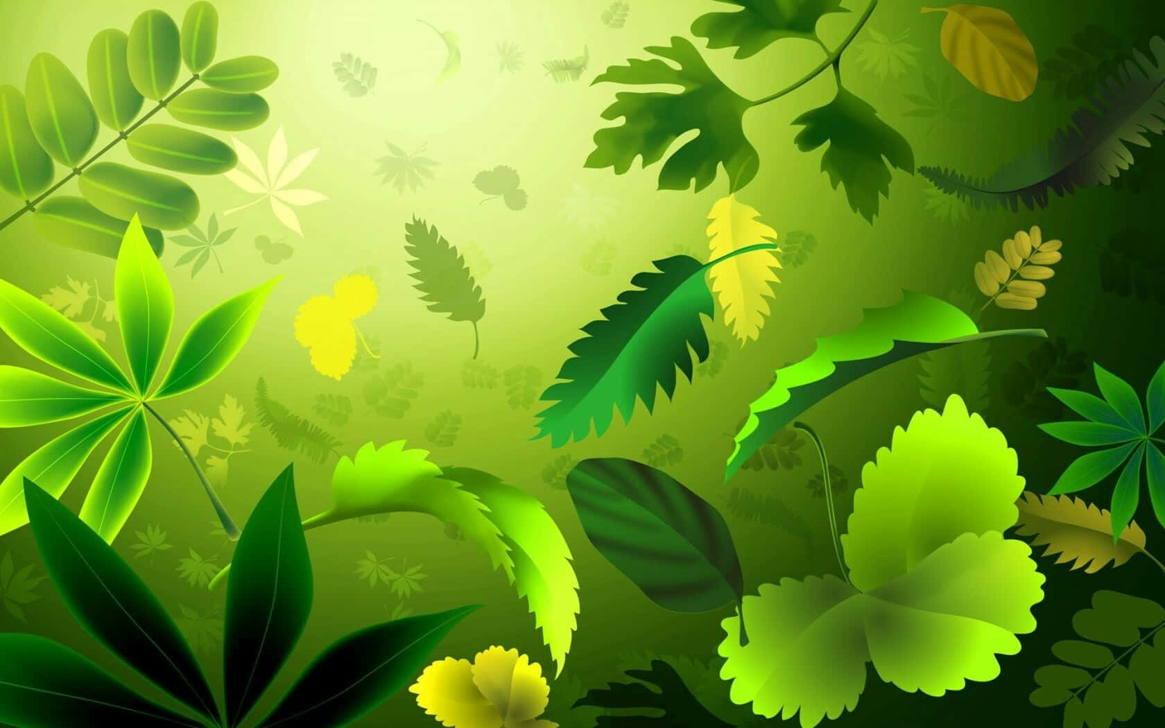 Green Color 桌布 壁紙 — 充滿活力的綠色葉片和黃色點綴漂浮在茂密的數位叢林中，伴隨著柔和的光芒。