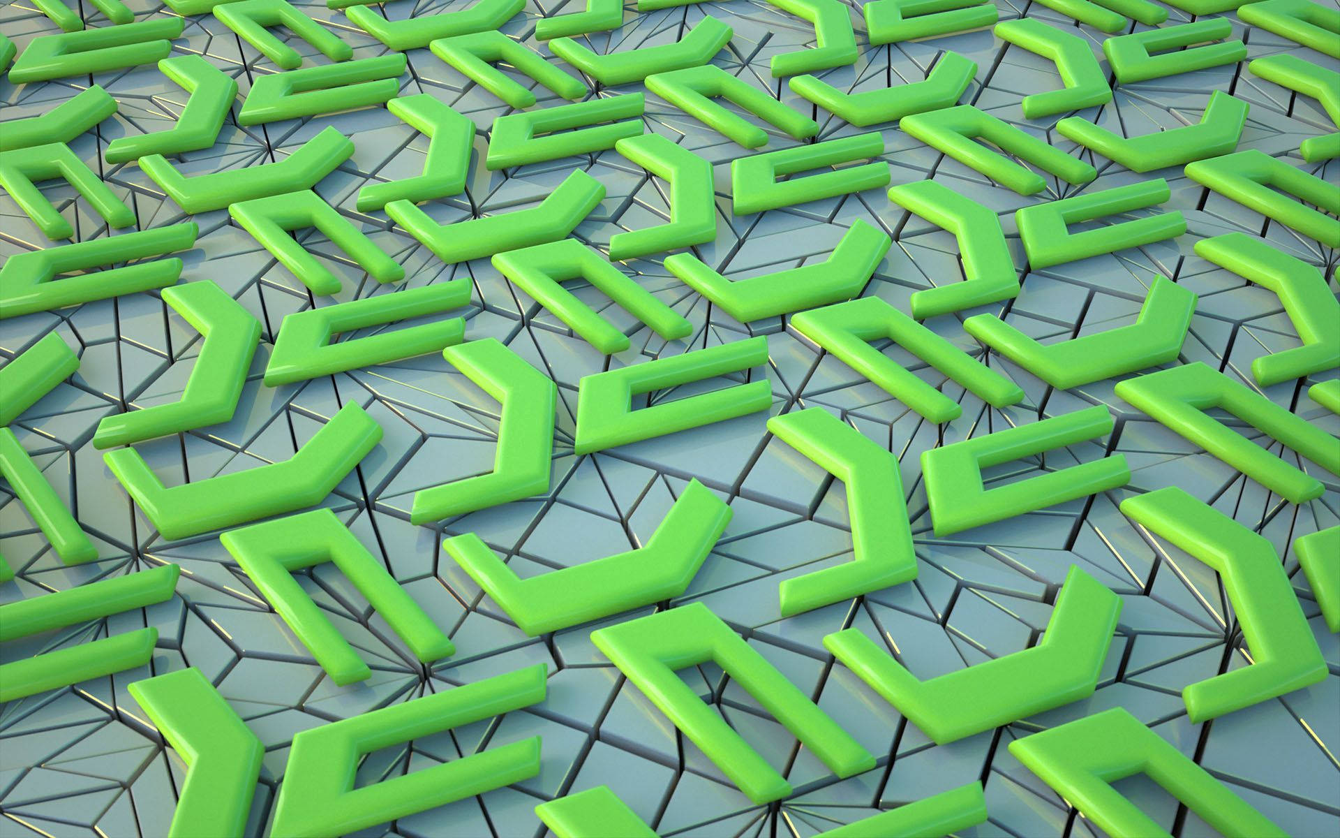 3D 桌布 壁紙 — 充滿活力的綠色角形形狀漂浮在斷裂的金屬表面上，形成未來主義的 3D 渲染圖案。