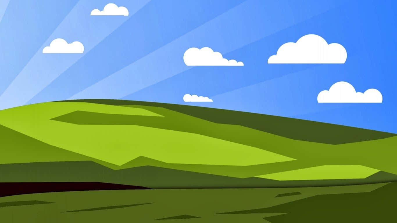 1366x768 Minimalist 桌布 壁紙 — 充滿活力的綠色起伏山丘，在明亮的藍天下，有蓬鬆的白雲和陽光。