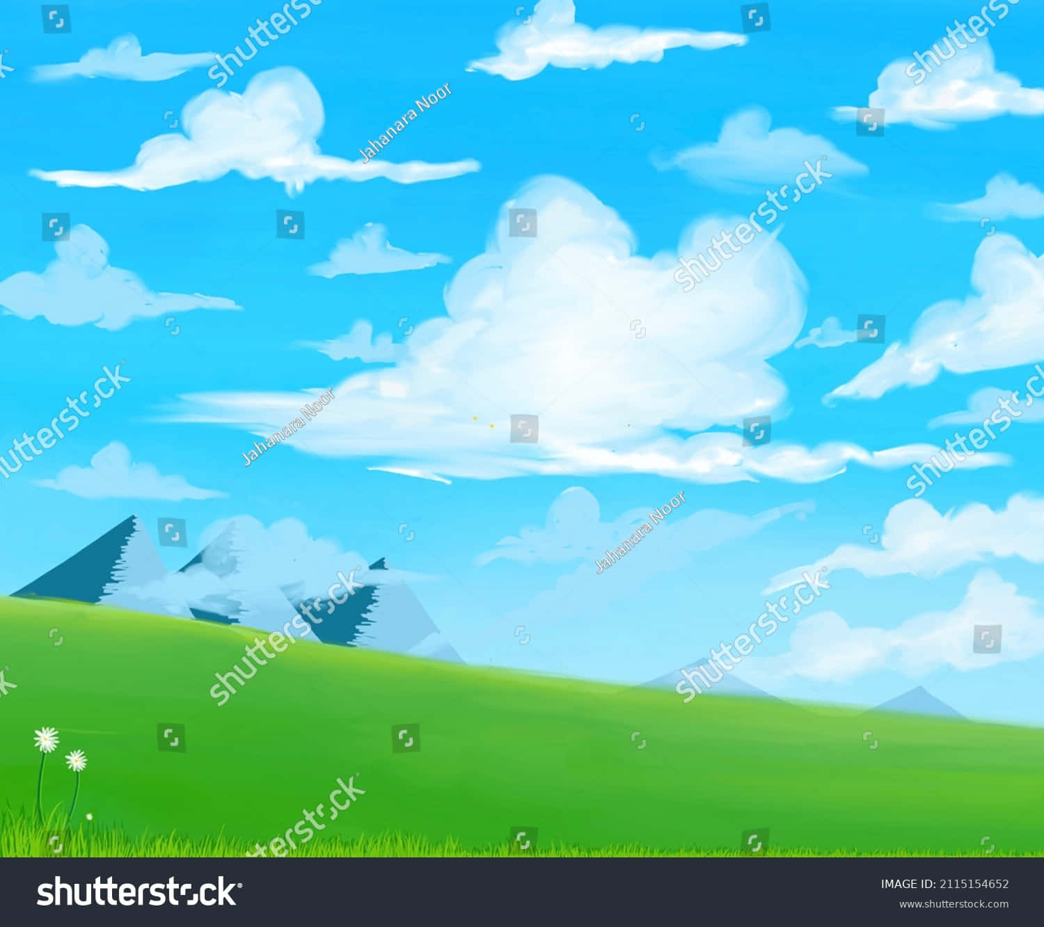Aesthetic Ghibli 桌布 壁紙 — 充滿活力的綠色起伏山丘在明亮的藍天下延伸，點綴著蓬鬆的白雲和遠處的雪山。