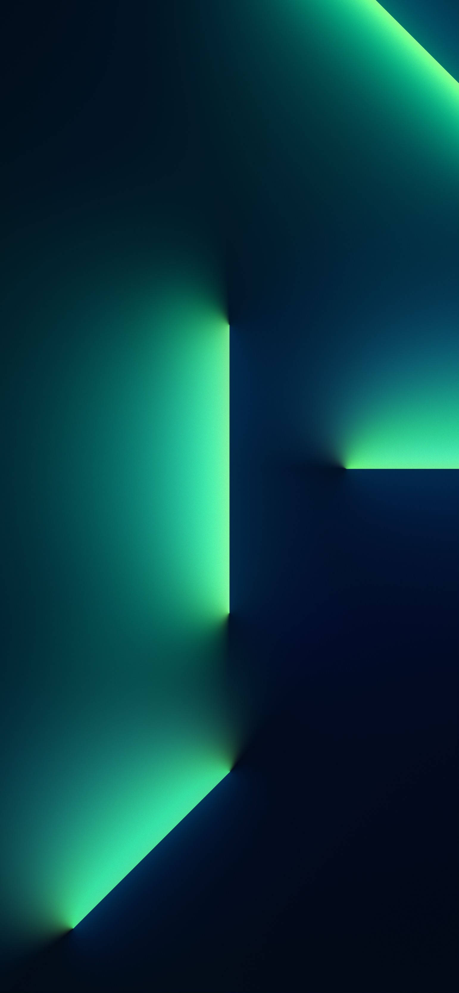iPhone 13 桌布 壁紙 — 充滿活力的綠色霓虹光束穿過深藍色陰影，構成極簡幾何抽象構圖。
