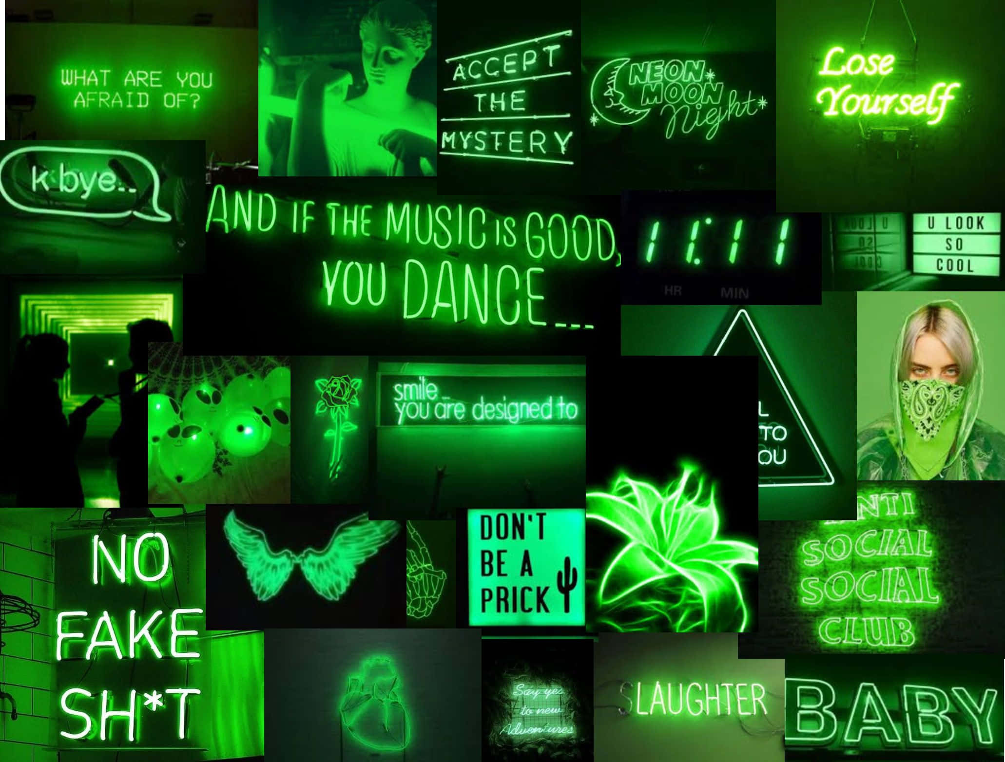 neon sign 桌布 壁紙 — 充滿活力的綠色霓虹拼貼畫，在深色背景上呈現發光的文字短語和符號。