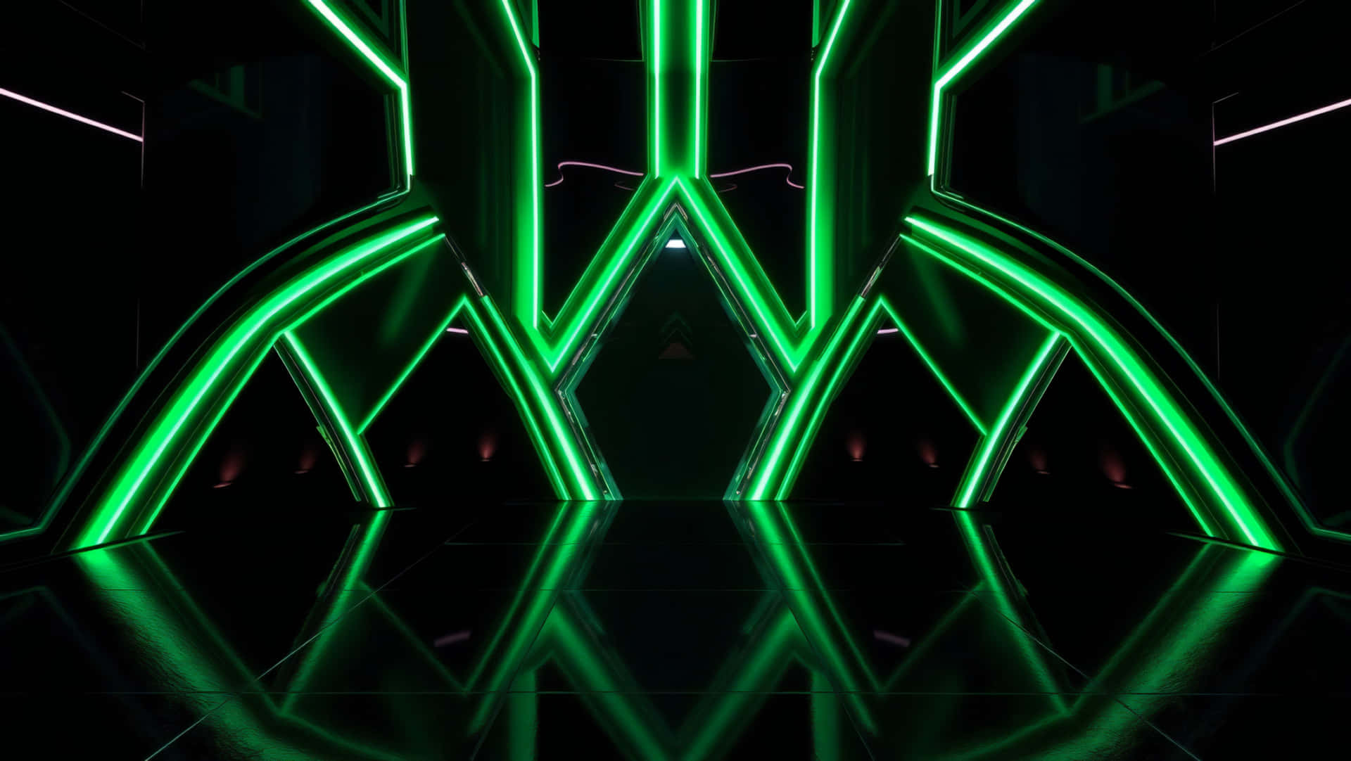 Green Abstract 壁紙 — 充滿活力的綠色霓虹管形成對稱的幾何隧道，在光澤地板上產生鏡面反射。