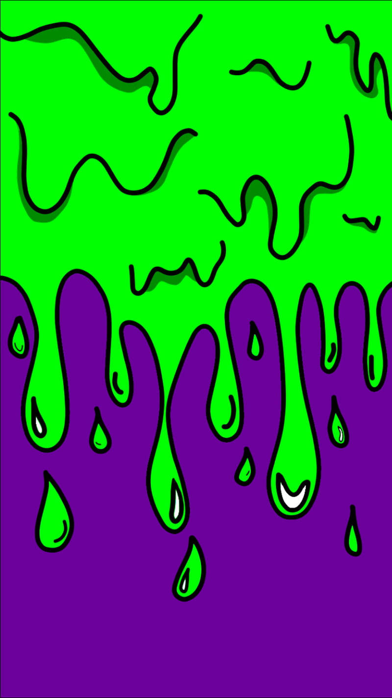 Drip 桌布 壁紙 — 充滿活力的綠色黏液以波浪線條滴落在帶有粗黑輪廓的醒目紫色背景上。