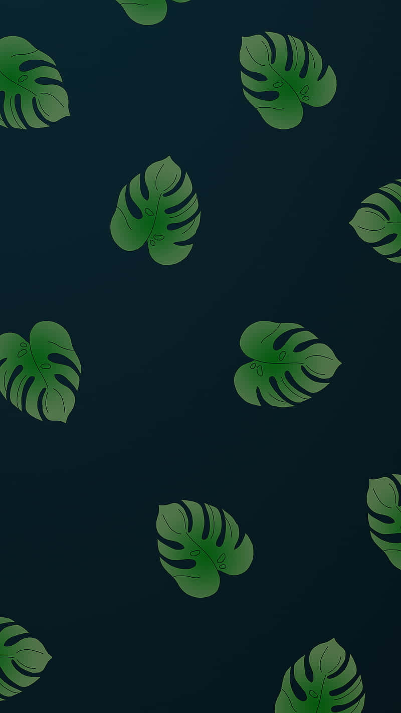 Plant 桌布 壁紙 — 充滿活力的綠色龜背竹葉在深海軍藍背景上以重複圖案漂浮。