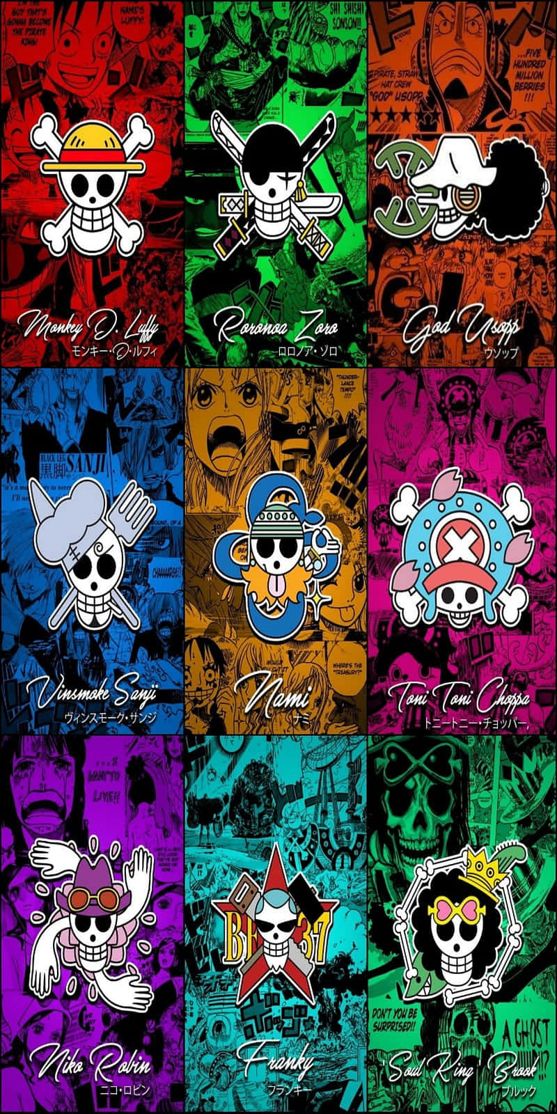 海賊王 桌布 壁紙 — 充滿活力的網格，包含 One Piece 船員頭骨標誌及名字，背景為漫畫風格。