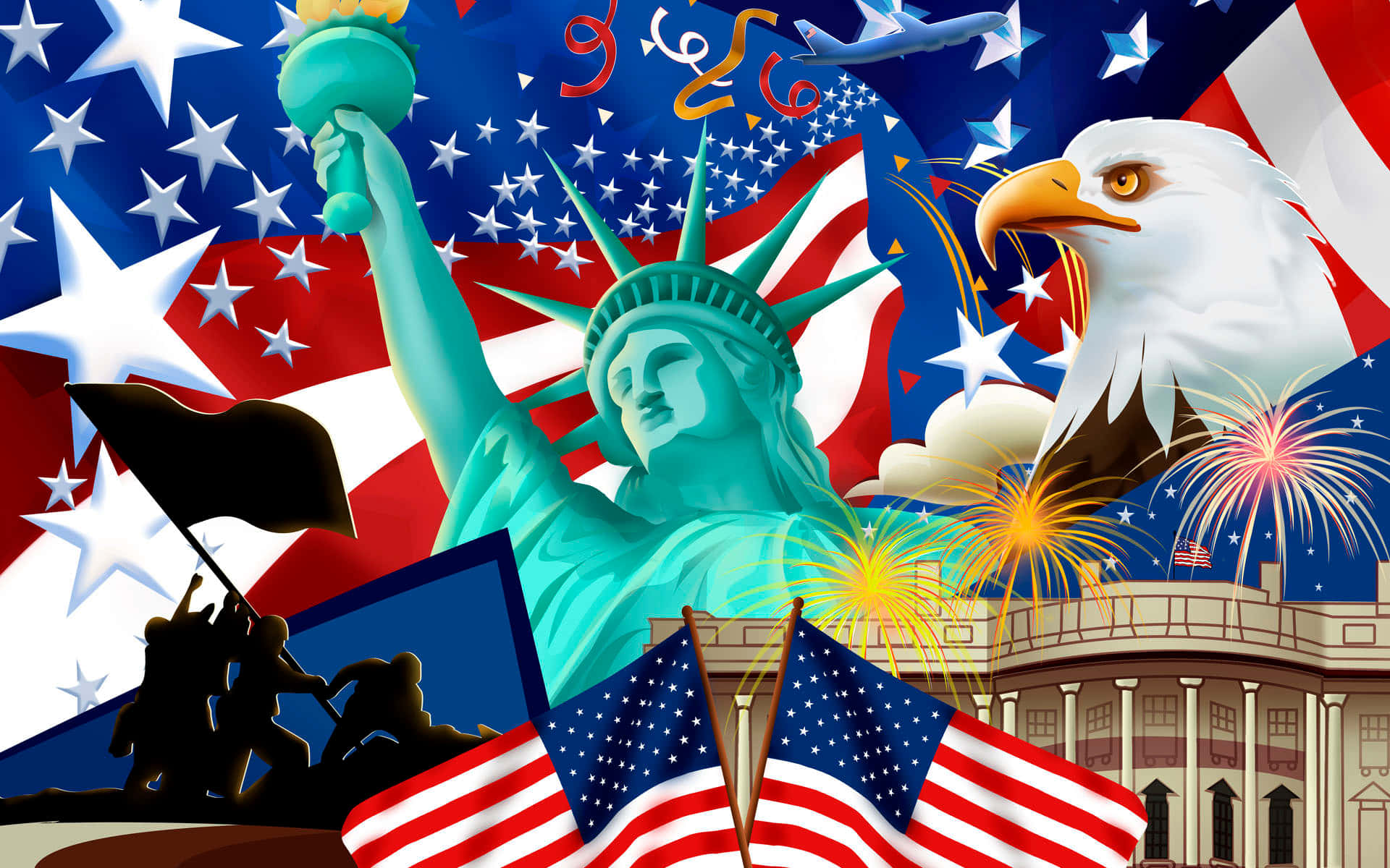 American 桌布 壁紙 — 充滿活力的美國愛國拼貼畫，以自由女神像、白頭鷹、煙火和旗幟為特色，背景是星空。
