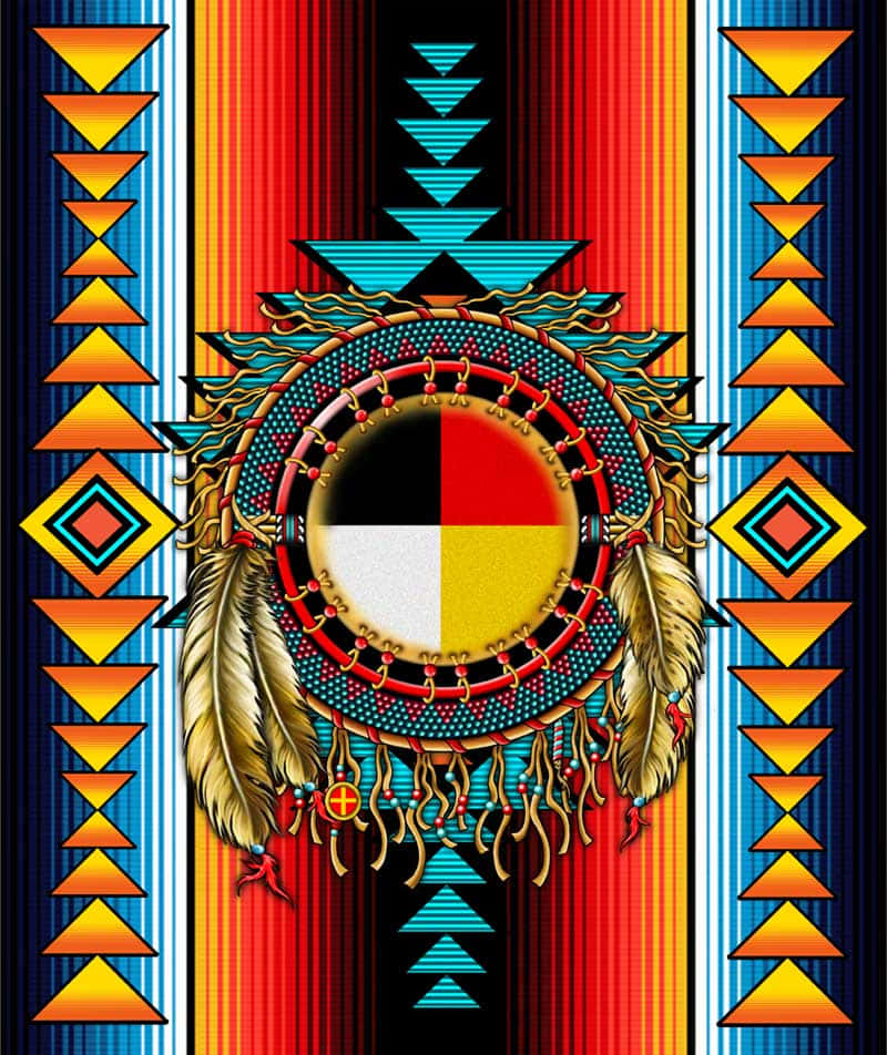 Mexican 桌布 壁紙 — 充滿活力的美洲原住民風格捕夢網，帶有羽毛和幾何圖案，背景為條紋。