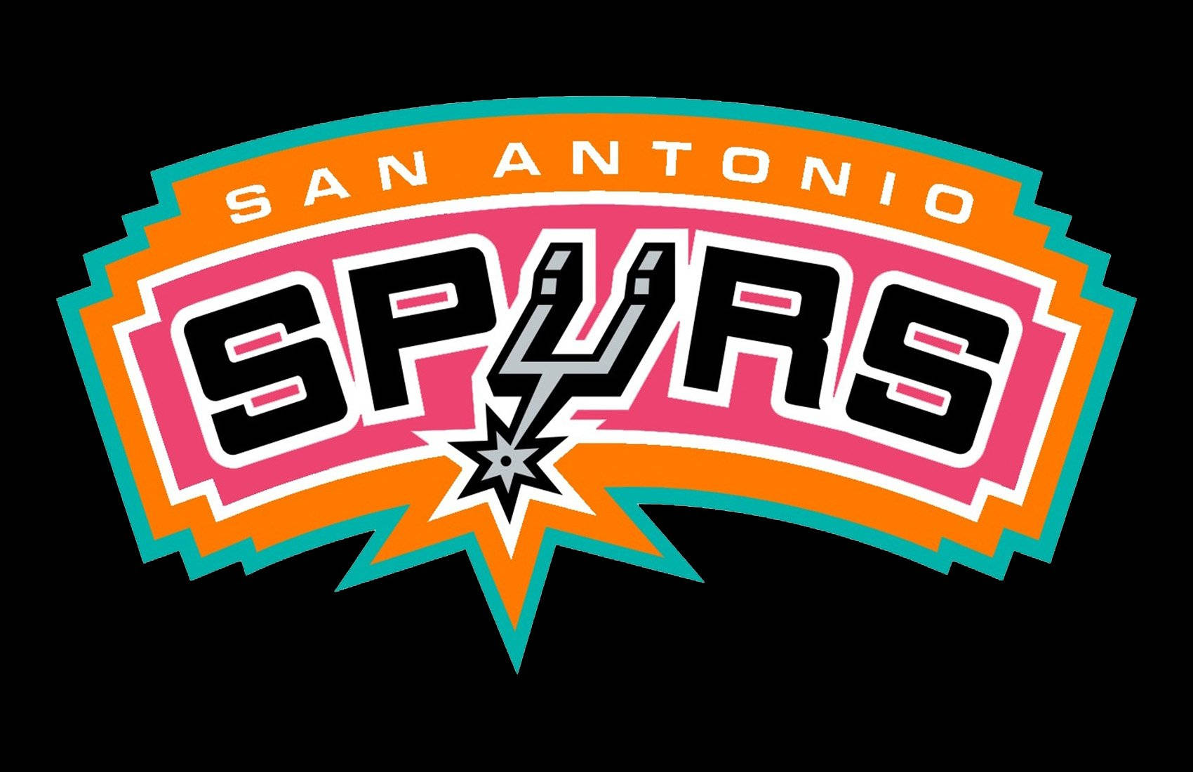 Spurs 桌布 壁紙 — 充滿活力的聖安東尼奧馬刺隊標誌，以鮮明的粉紅色、橙色和藍綠色在黑色背景上呈現。