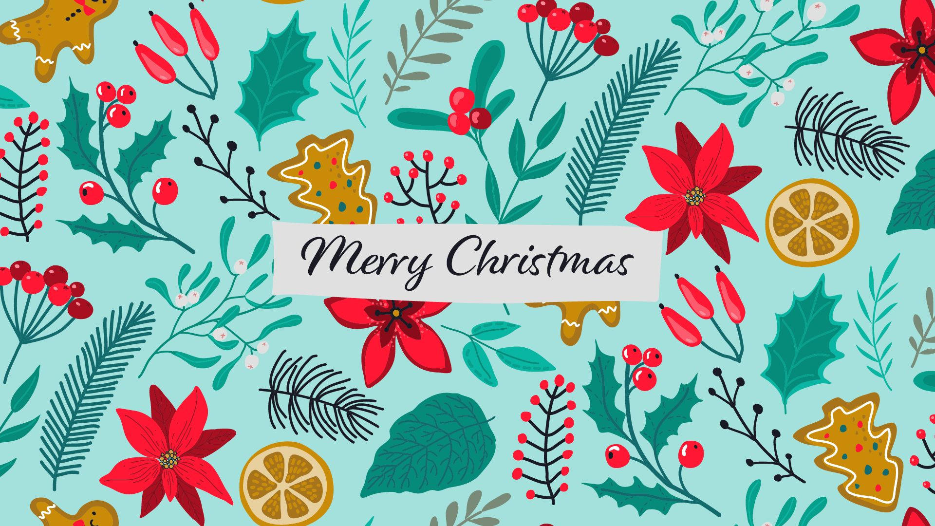 Kawaii Christmas 桌布 壁紙 — 充滿活力的聖誕圖案，紅色聖誕紅、冬青漿果和薑餅餅乾在青綠色背景上。