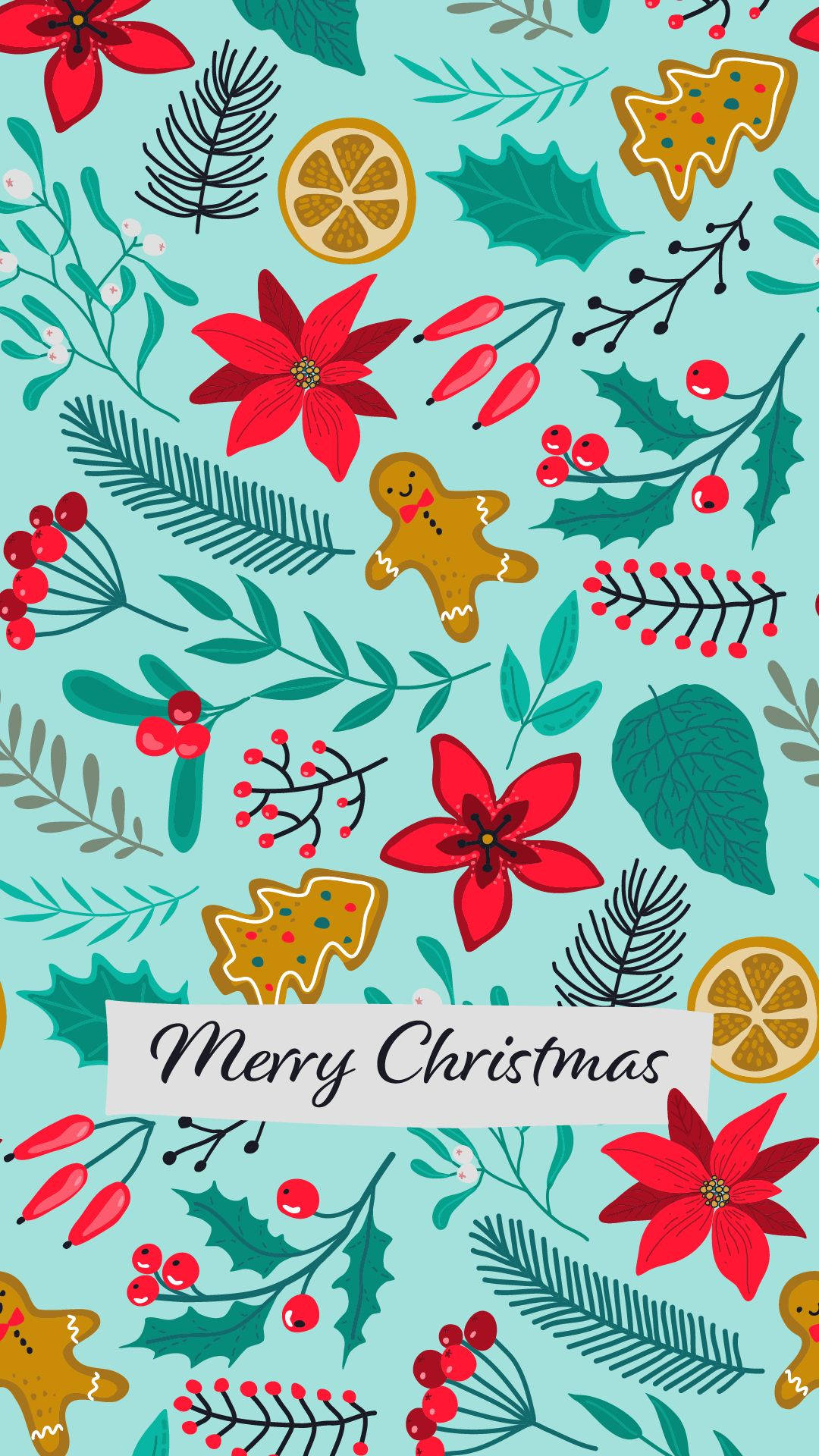 Kawaii Christmas 桌布 壁紙 — 充滿活力的聖誕圖案，紅色聖誕紅、薑餅餅乾、冬青漿果和柑橘片在青綠色背景上。