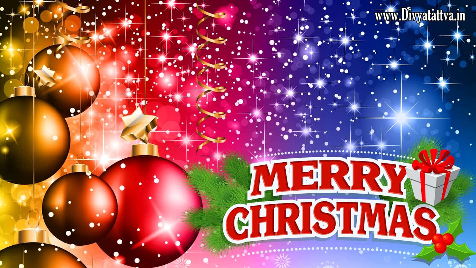 Cute Simple Christmas 桌布 壁紙 — 充滿活力的聖誕桌布，以漸變天空為背景，飾有紅色金色裝飾、閃爍星星和節日文字。