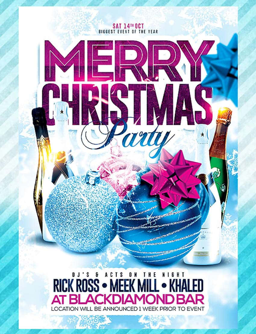 Christmas Flyer 桌布 壁紙 — 充滿活力的聖誕派對海報，飾有閃閃發光的藍色裝飾品、香檳瓶和粗體文字，宣佈與DJ和藝術家共度節日之夜。