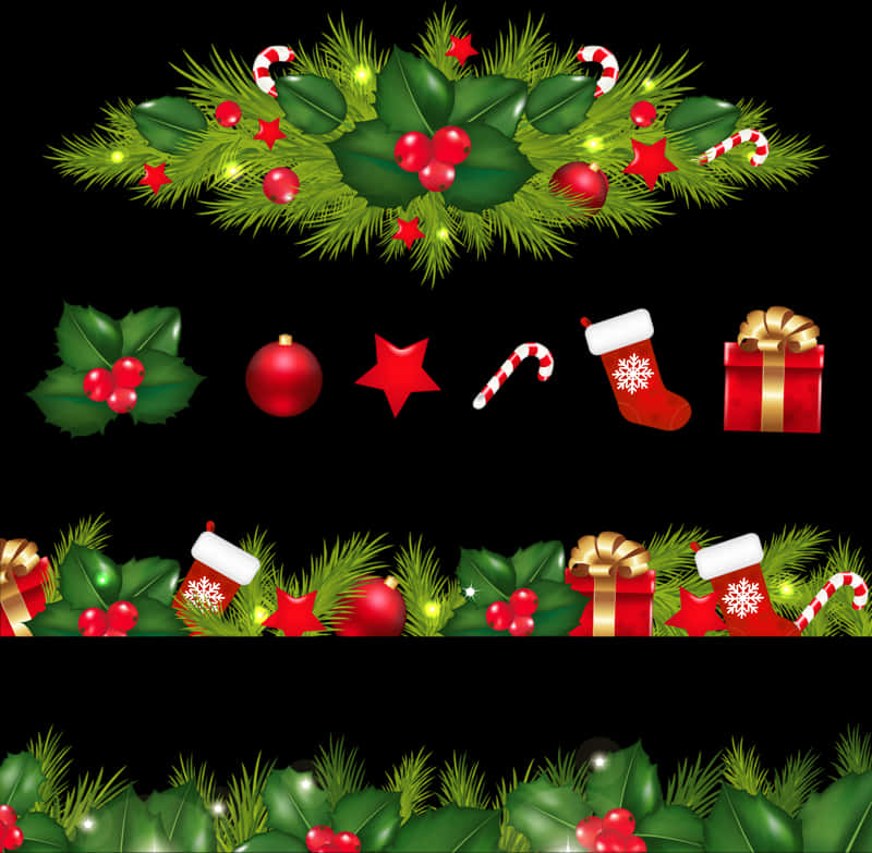 Mistletoe 桌布 壁紙 — 充滿活力的聖誕邊框，帶有冬青漿果、松針、拐杖糖和禮物，背景為黑色。