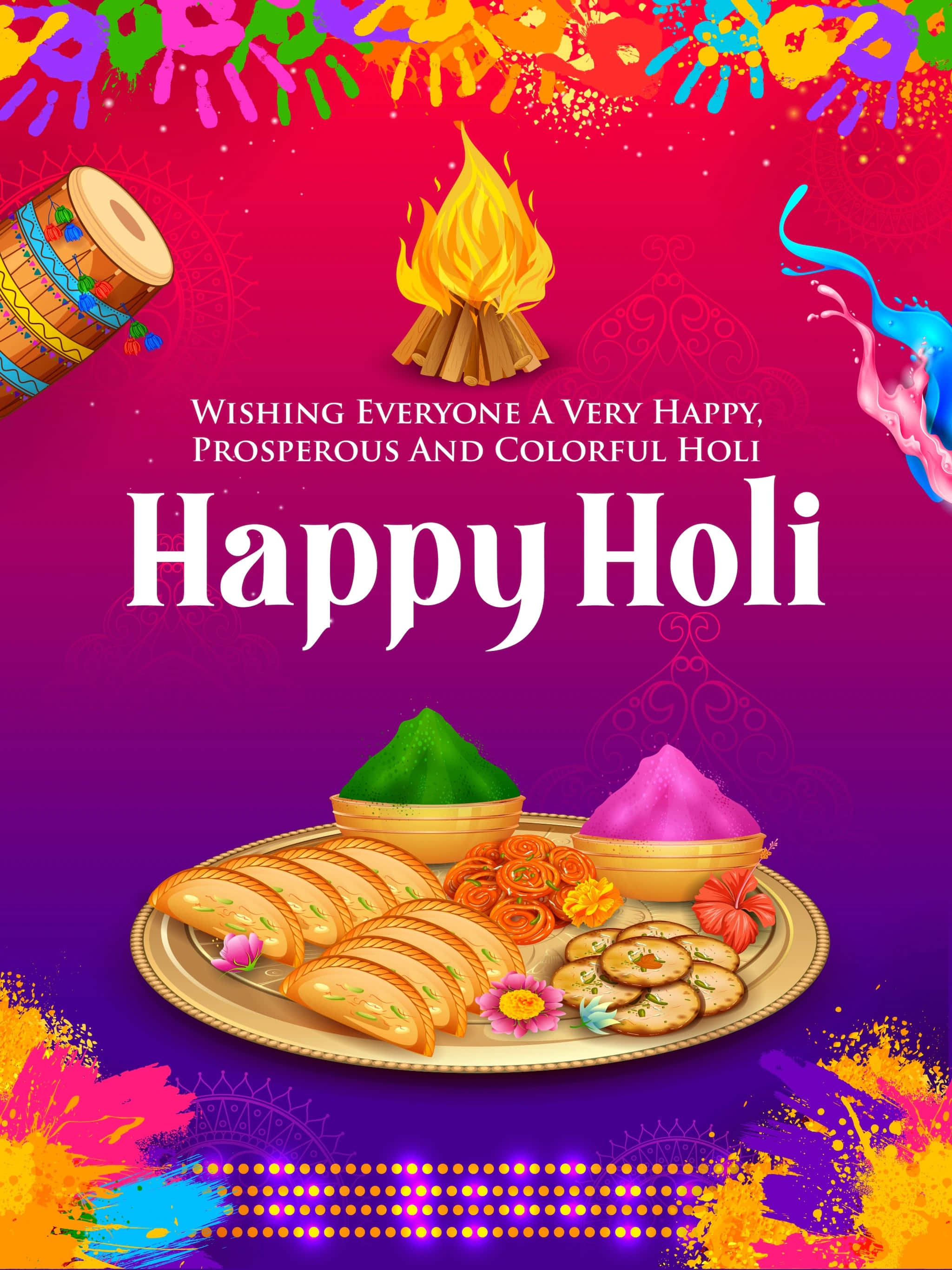 Holi 桌布 壁紙 — 充滿活力的色彩節海報，帶有彩色粉末飛濺、鼓、糖果和營火，背景為紫色漸變。