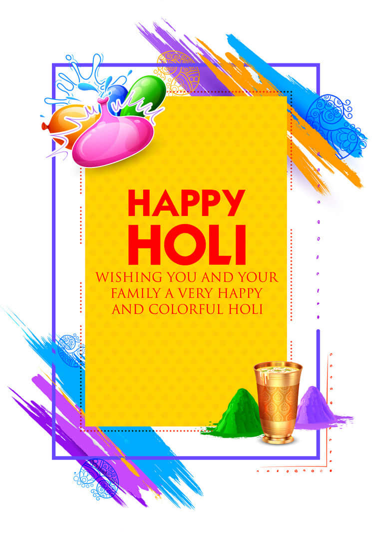 Holi 桌布 壁紙 — 充滿活力的色彩粉末飛濺和節日文字的彩色灑紅節賀卡，背景為黃色。