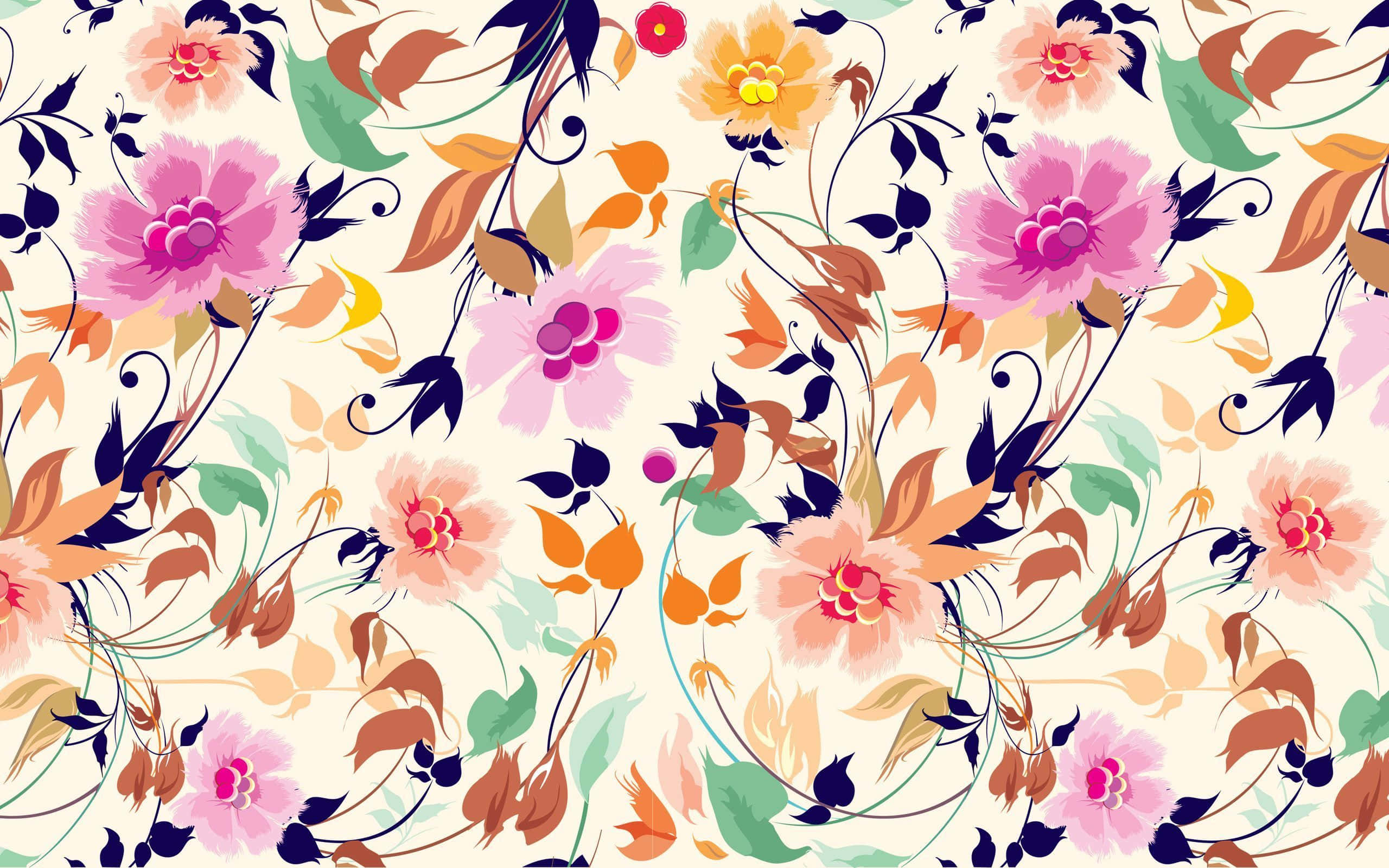 Flower Art 桌布 壁紙 — 充滿活力的花卉圖案，在奶油色背景上點綴粉紅蜜桃和橙色花朵。