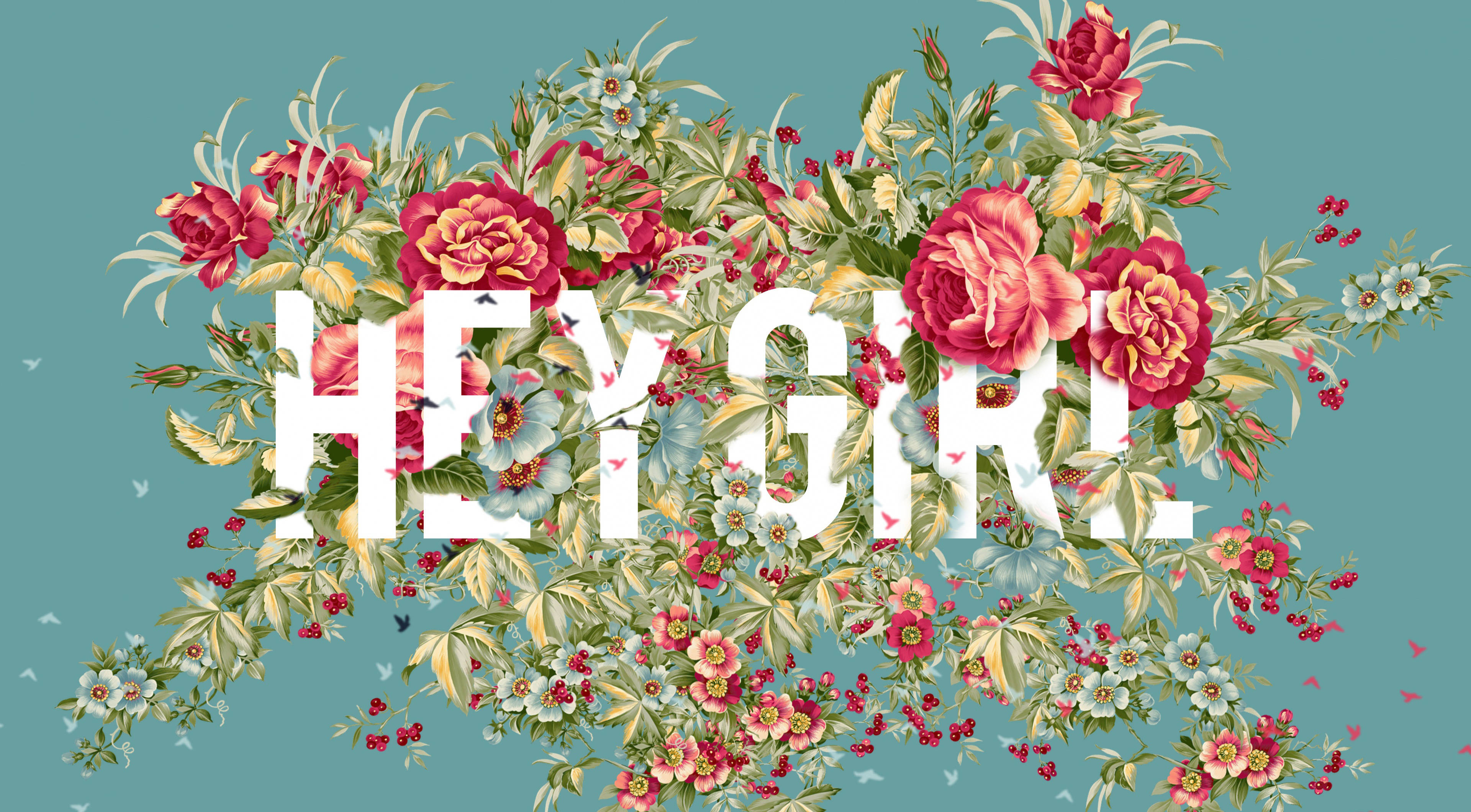 Typography 桌布 壁紙 — 充滿活力的花卉圖案，在青綠色背景上綻放出紅色、粉紅色和白色的花朵，並帶有粗體白色文字。