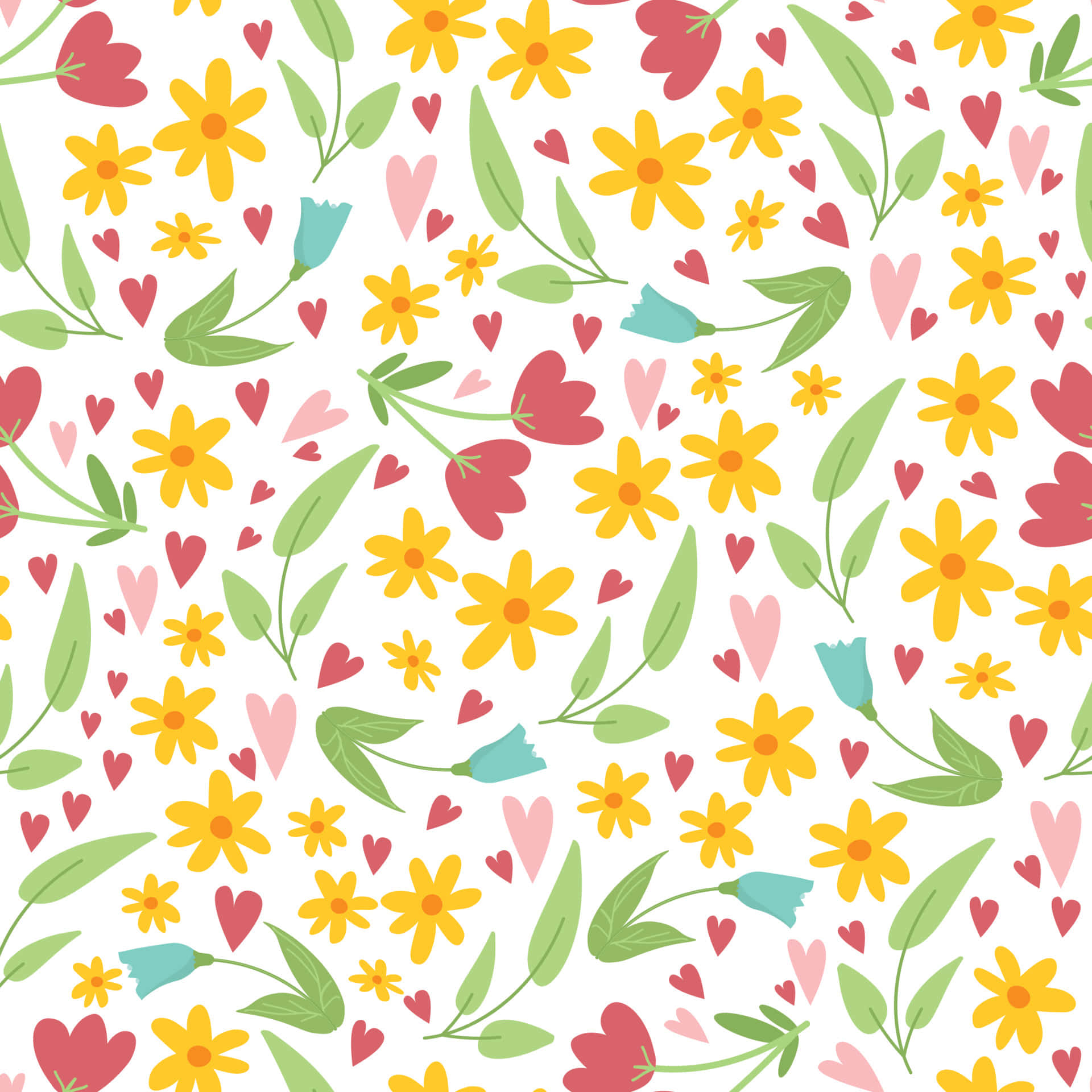 Floral Pattern 桌布 壁紙 — 充滿活力的花卉圖案，帶有黃色、紅色和藍綠色的花朵、綠色葉子和粉紅色愛心，背景為白色。