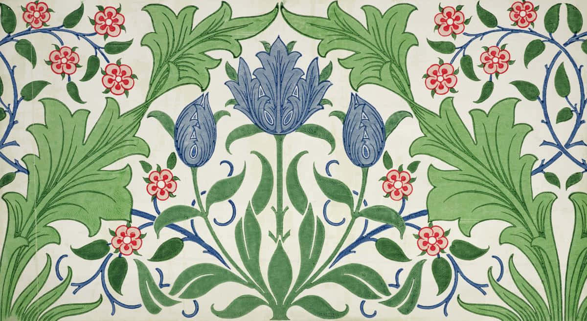 Beautiful Pattern 桌布 壁紙 — 充滿活力的花卉壁紙圖案，以奶油色背景襯托藍色鬱金香、綠色葉子和粉紅色花朵。