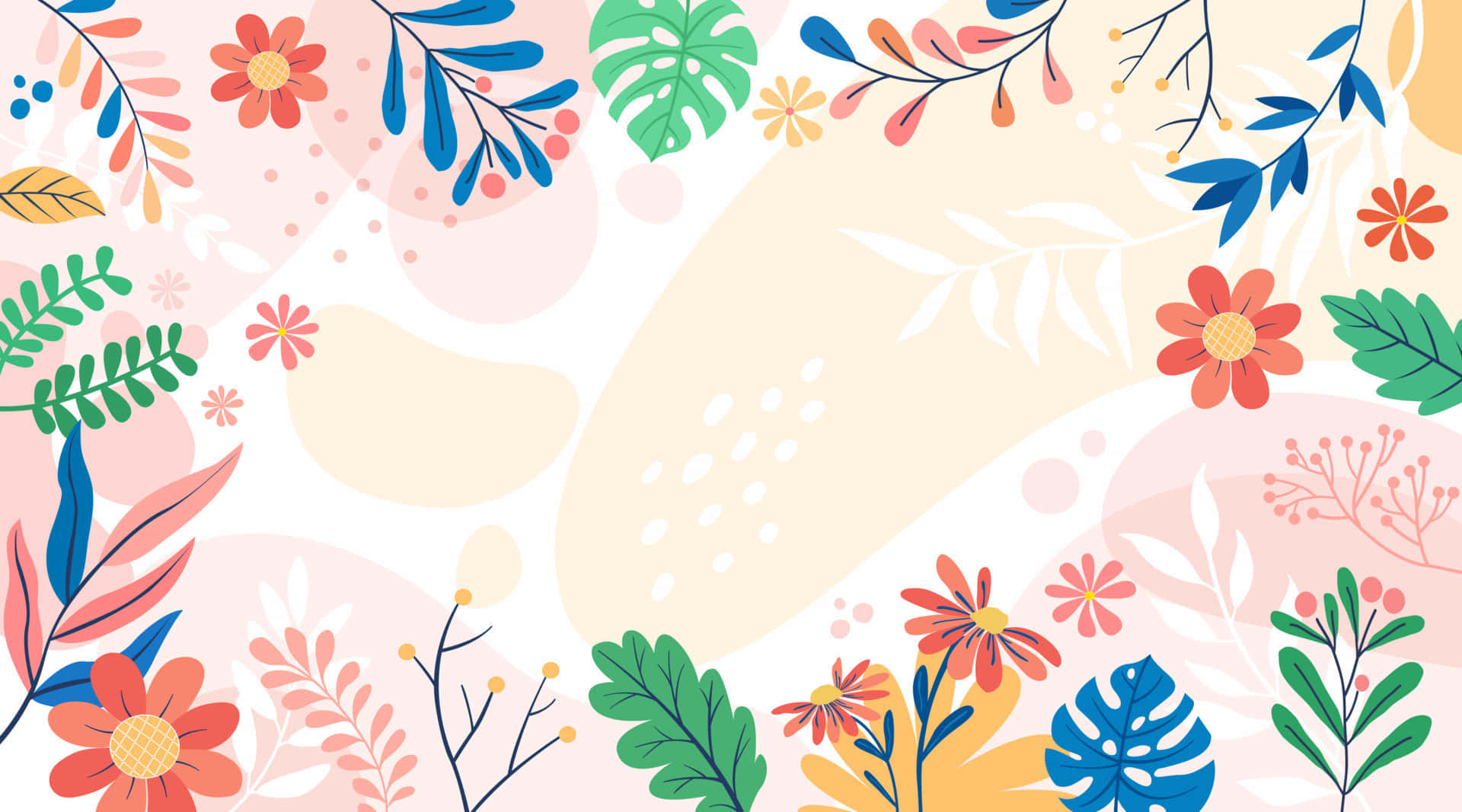 Tumblr Flower 桌布 壁紙 — 充滿活力的花卉插圖，色彩繽紛的花朵和葉子框住柔和的粉彩背景。