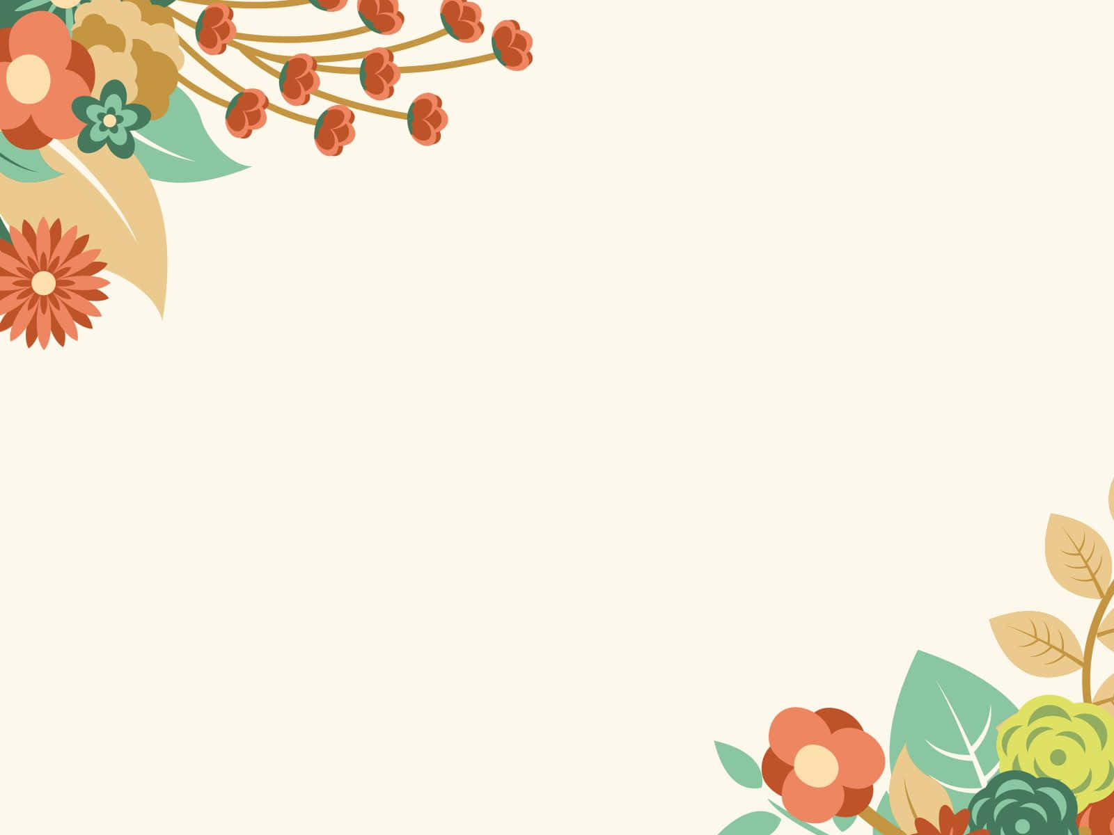 Powerpoint 桌布 壁紙 — 充滿活力的花卉角落邊框，帶有橙紅色花朵、綠色葉子和米色莖，背景為奶油色。