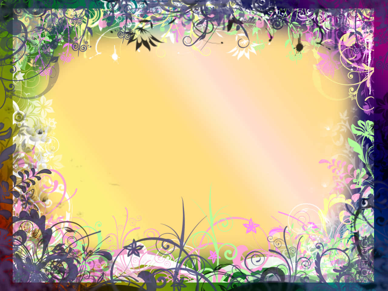 Frame 桌布 壁紙 — 充滿活力的花卉邊框，帶有旋轉的藤蔓和花朵，環繞著柔和的黃色漸變背景。