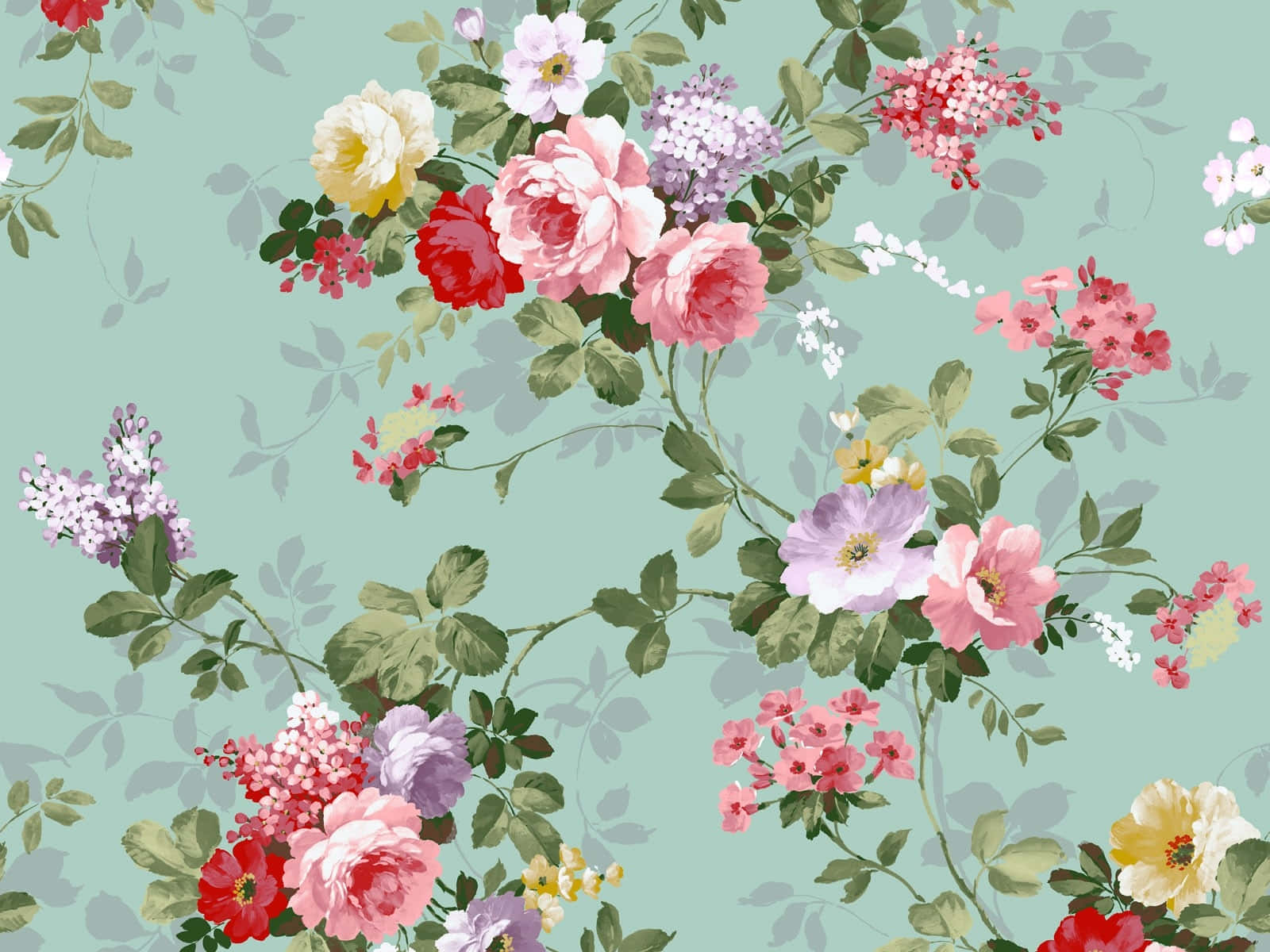 Cute Flower 桌布 壁紙 — 充滿活力的花束，粉紅、紅色和黃色的花朵在柔和的薄荷色背景上綻放。