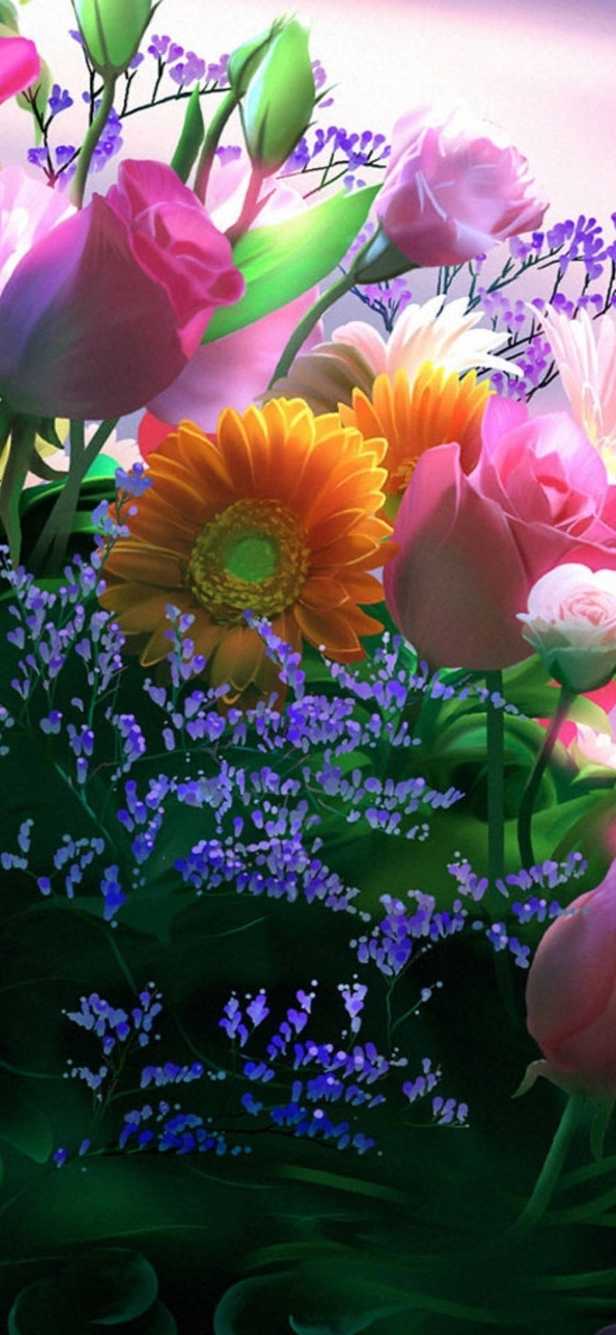 茂盛綠葉中的粉紅玫瑰、橙色非洲菊和紫色花朵花束。 — 3D iPhone 壁紙 壁紙
