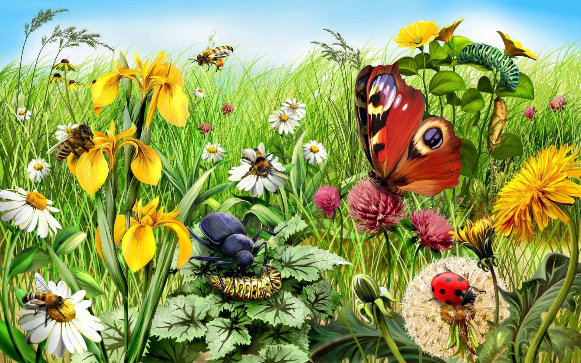 Insects 桌布 壁紙 — 充滿活力的草地，綻放著黃色鳶尾花、白色雛菊和粉紅色三葉草，在清澈的藍天下棲息著蝴蝶、蜜蜂、瓢蟲和甲蟲。