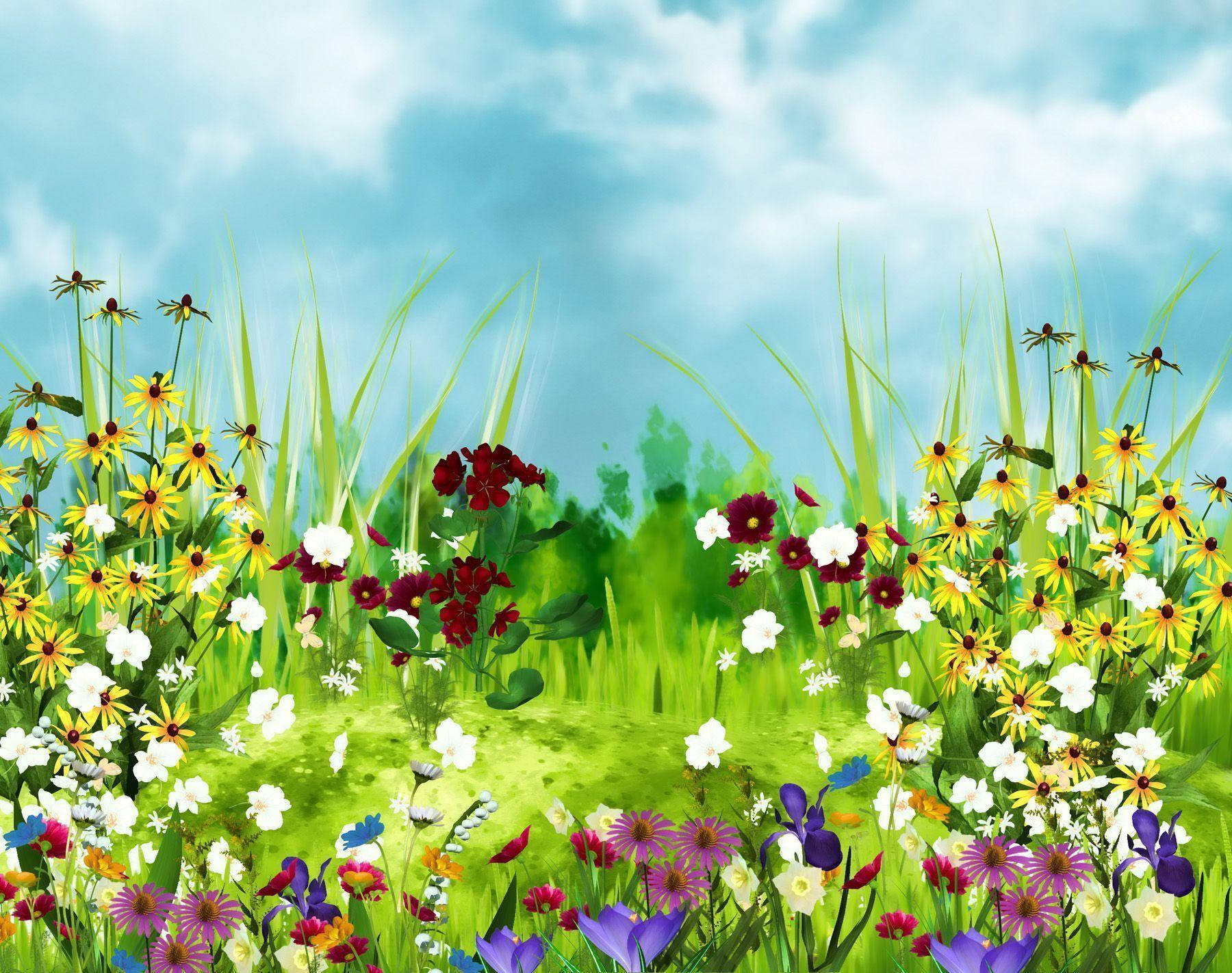 Cute Spring 桌布 壁紙 — 充滿活力的草地，綻放著黃色黑眼蘇珊、白色雛菊、紅色和紫色花朵，在柔和的藍天和蓬鬆的雲朵下。