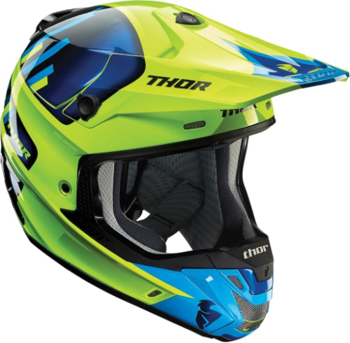 Motocross 桌布 壁紙 — 充滿活力的萊姆綠和藍色 Thor 越野摩托車頭盔，帶有醒目圖案和透明面罩。