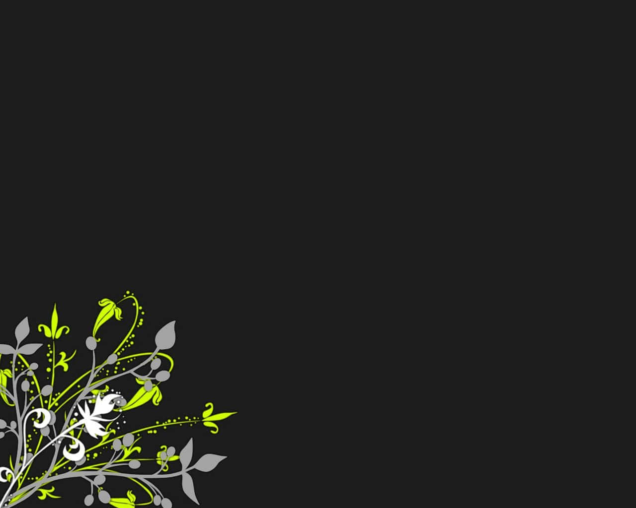 Simple Flower 桌布 壁紙 — 充滿活力的萊姆綠色和銀色花卉漩渦點綴在純黑色背景的左下角。